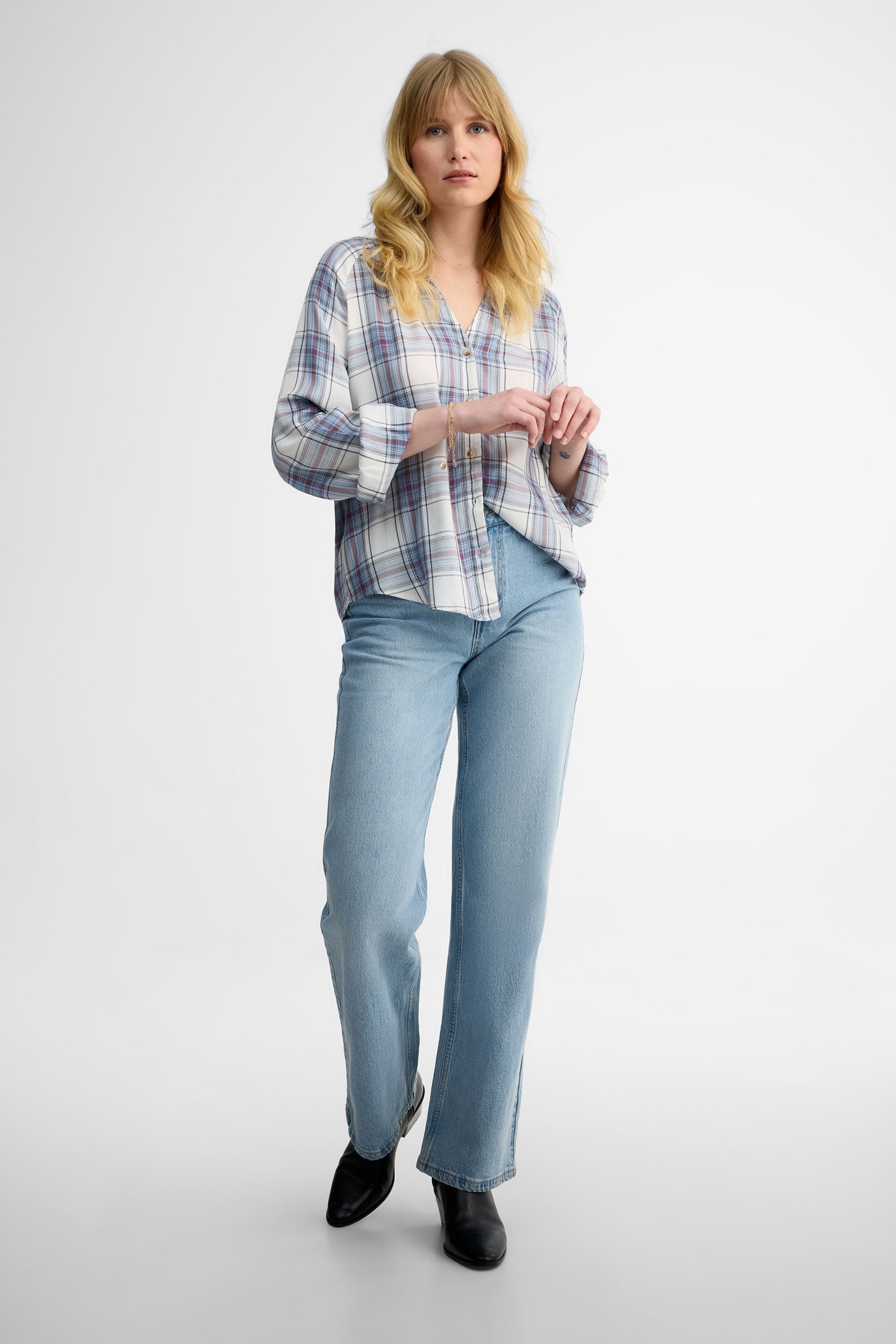 Chemise à carreaux manches longues - Femme && BLEU MULTI