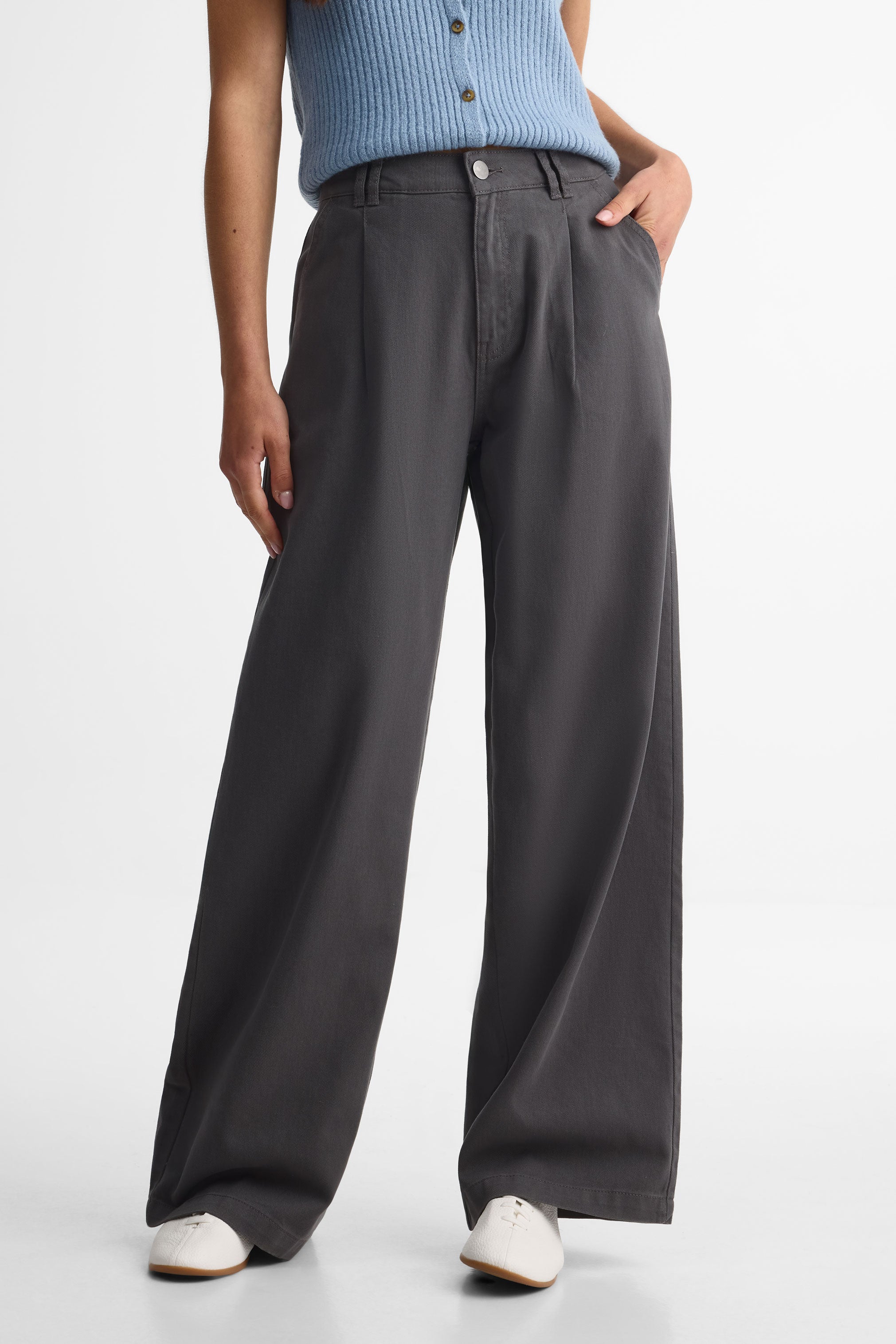 Pantalon jambe large taille haute en twill - Femme && CHARBON
