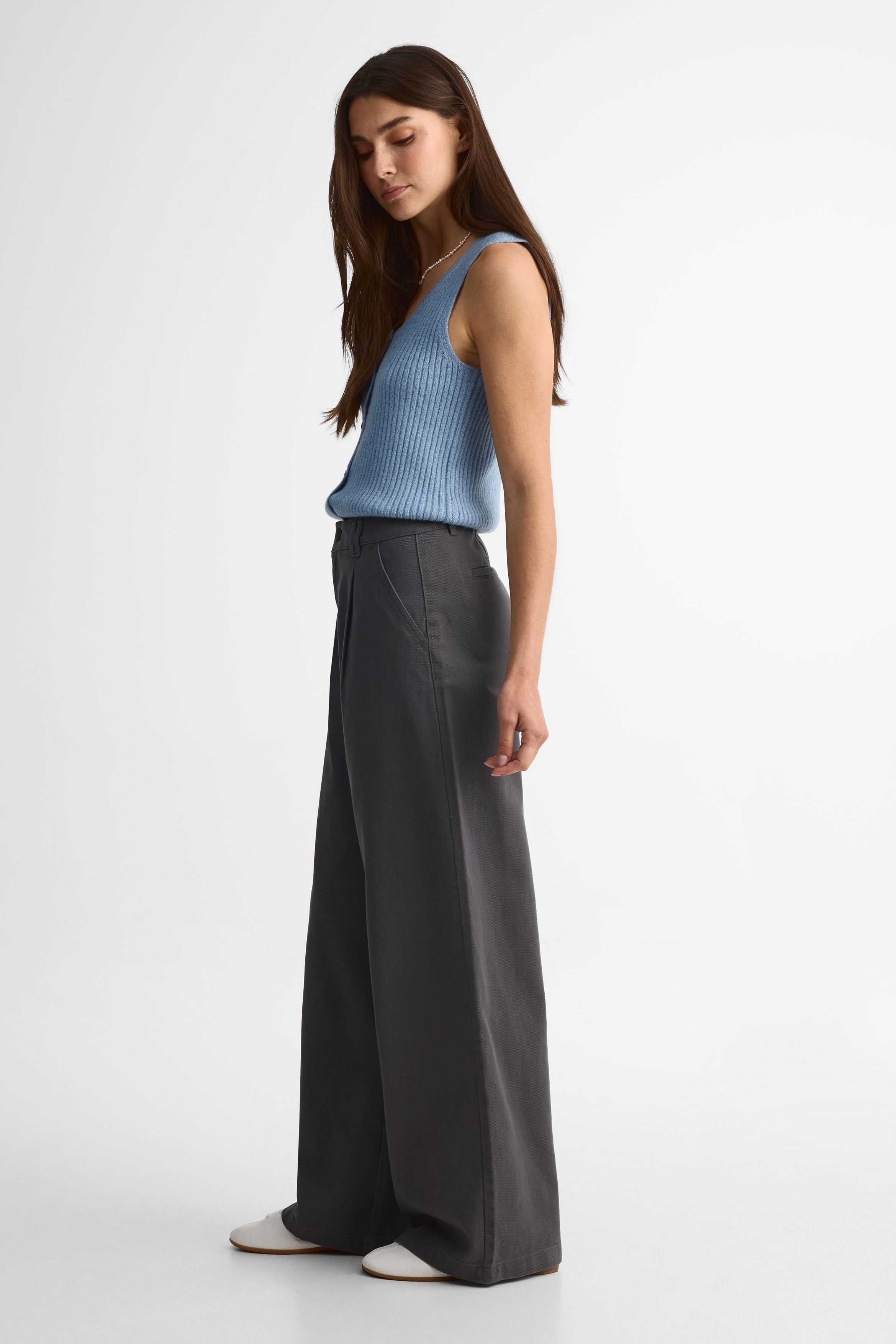 Pantalon jambe large taille haute en twill - Femme && CHARBON
