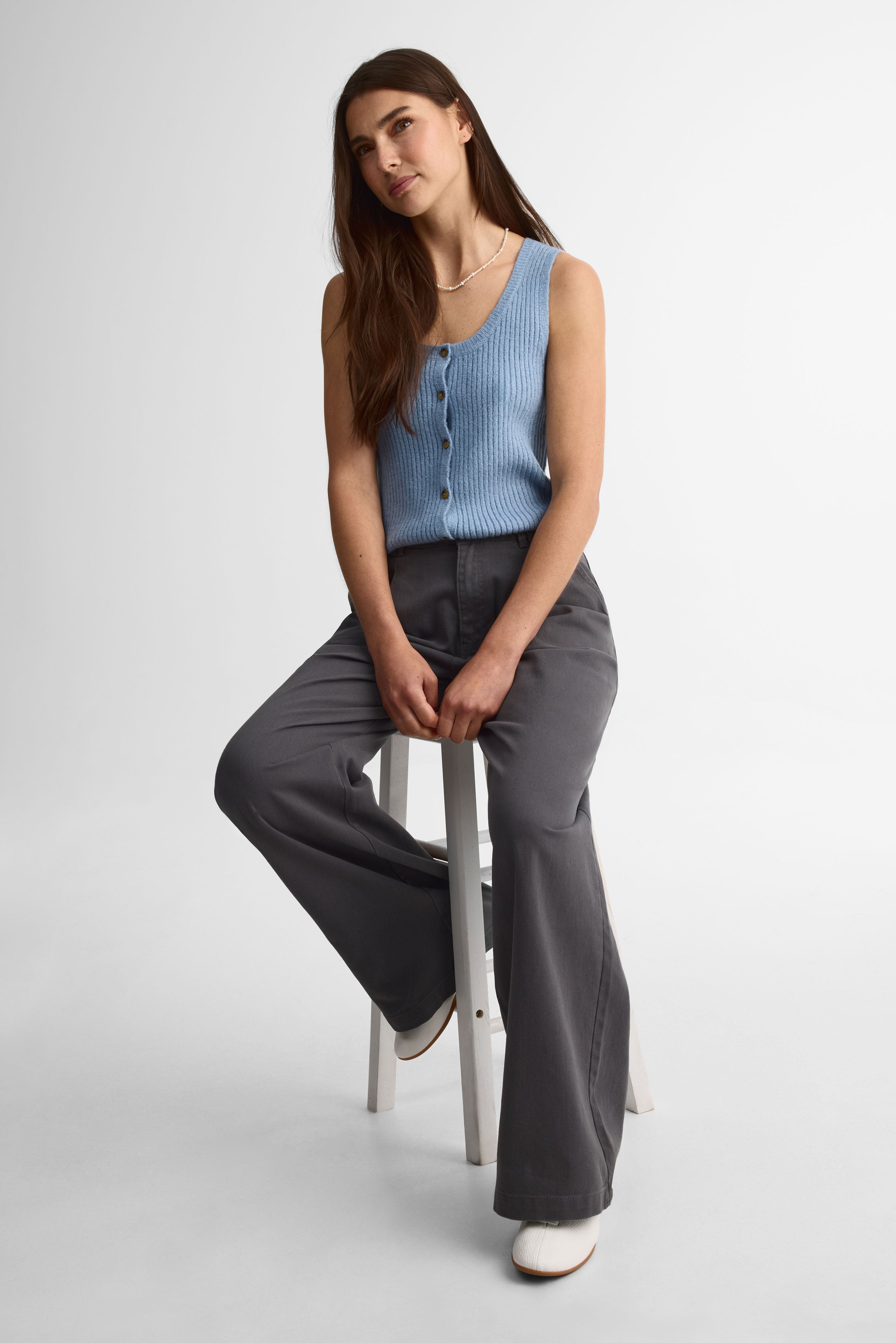 Pantalon jambe large taille haute en twill - Femme && CHARBON