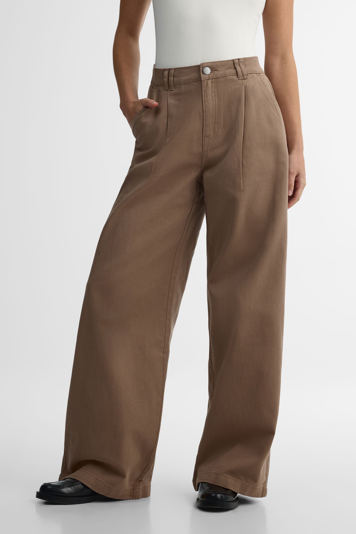 Pantalon jambe large taille haute en twill - Femme && TAUPE