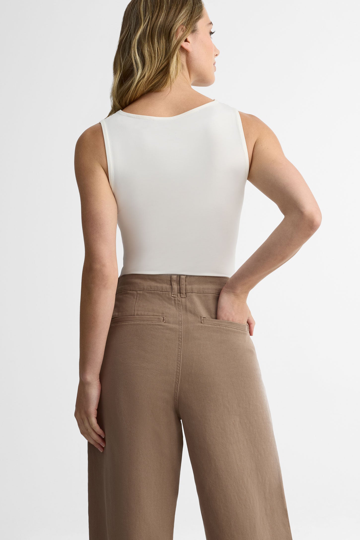 Pantalon jambe large taille haute en twill - Femme && TAUPE