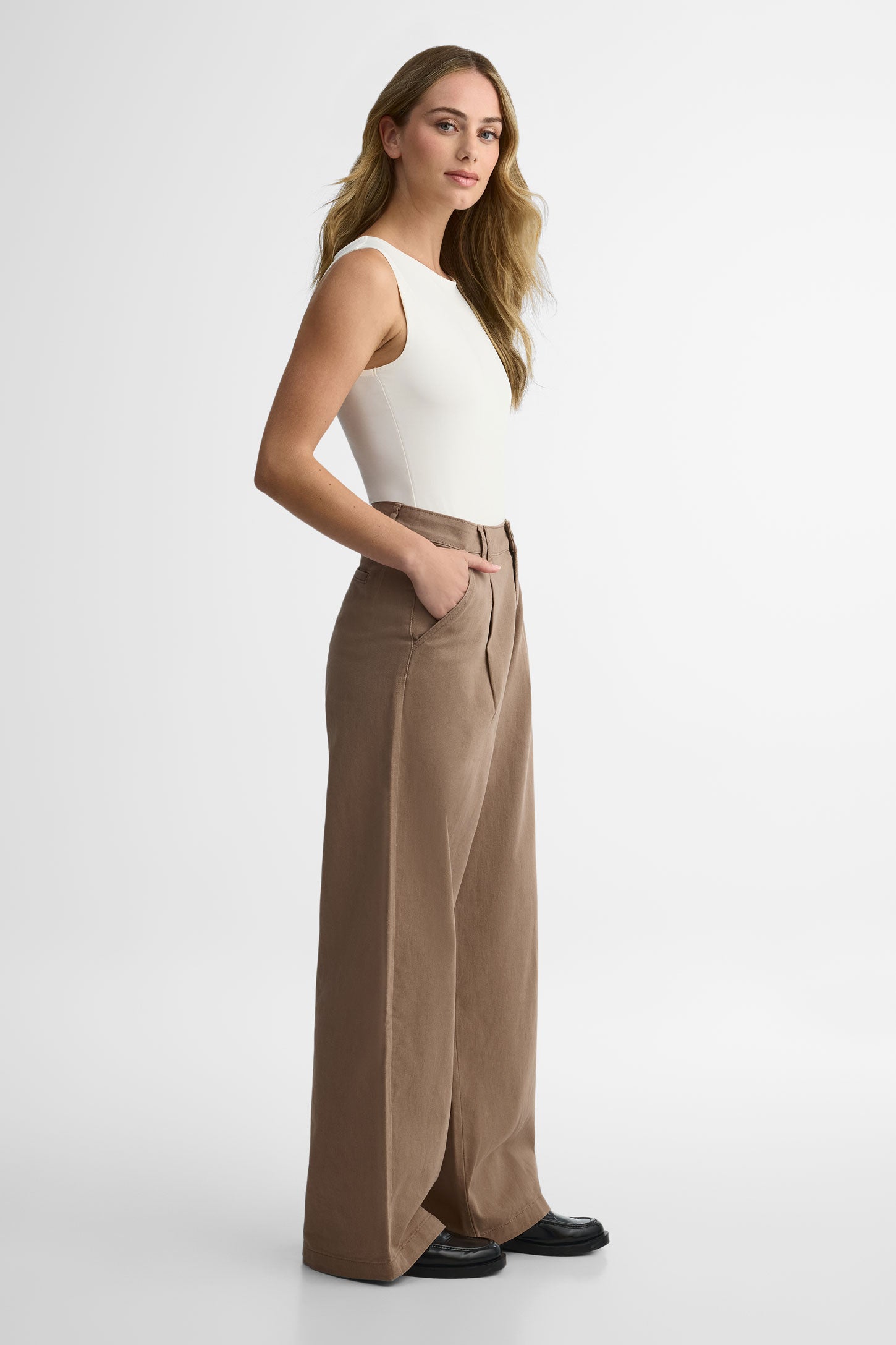 Pantalon jambe large taille haute en twill - Femme && TAUPE