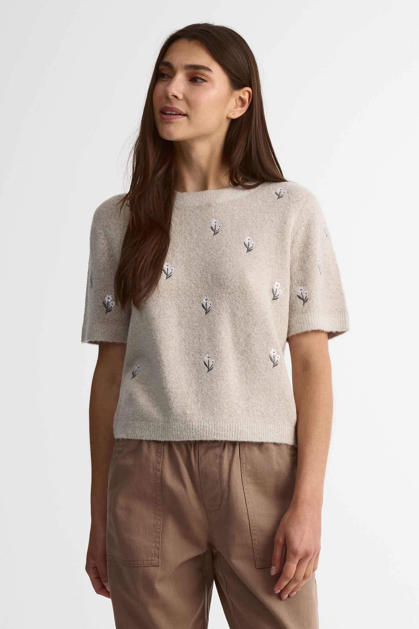Gilet tricot brodé manches courtes - Femme && OATMEAL