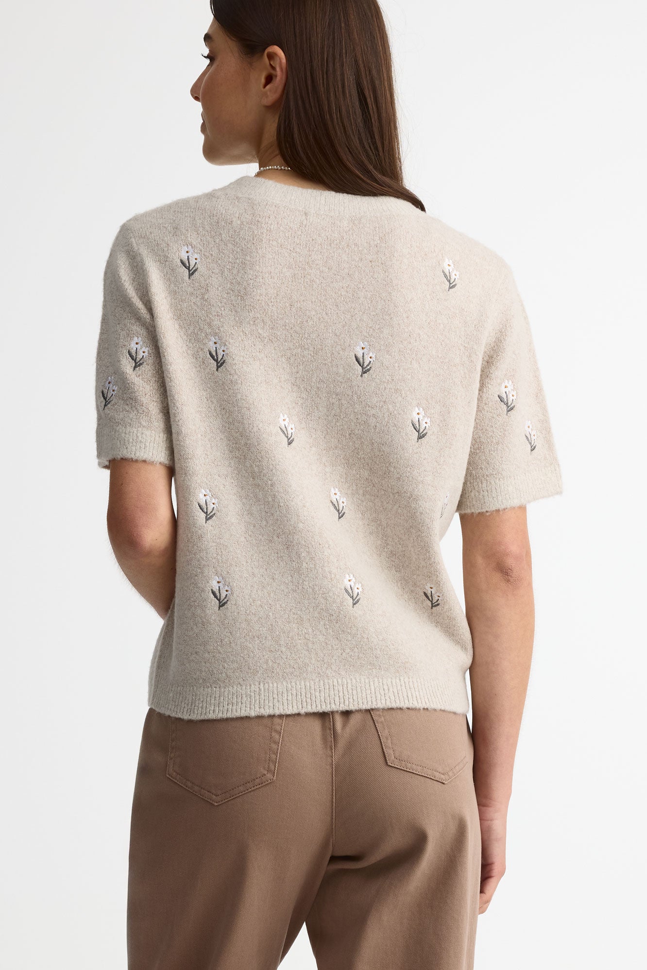 Gilet tricot brodé manches courtes - Femme && OATMEAL