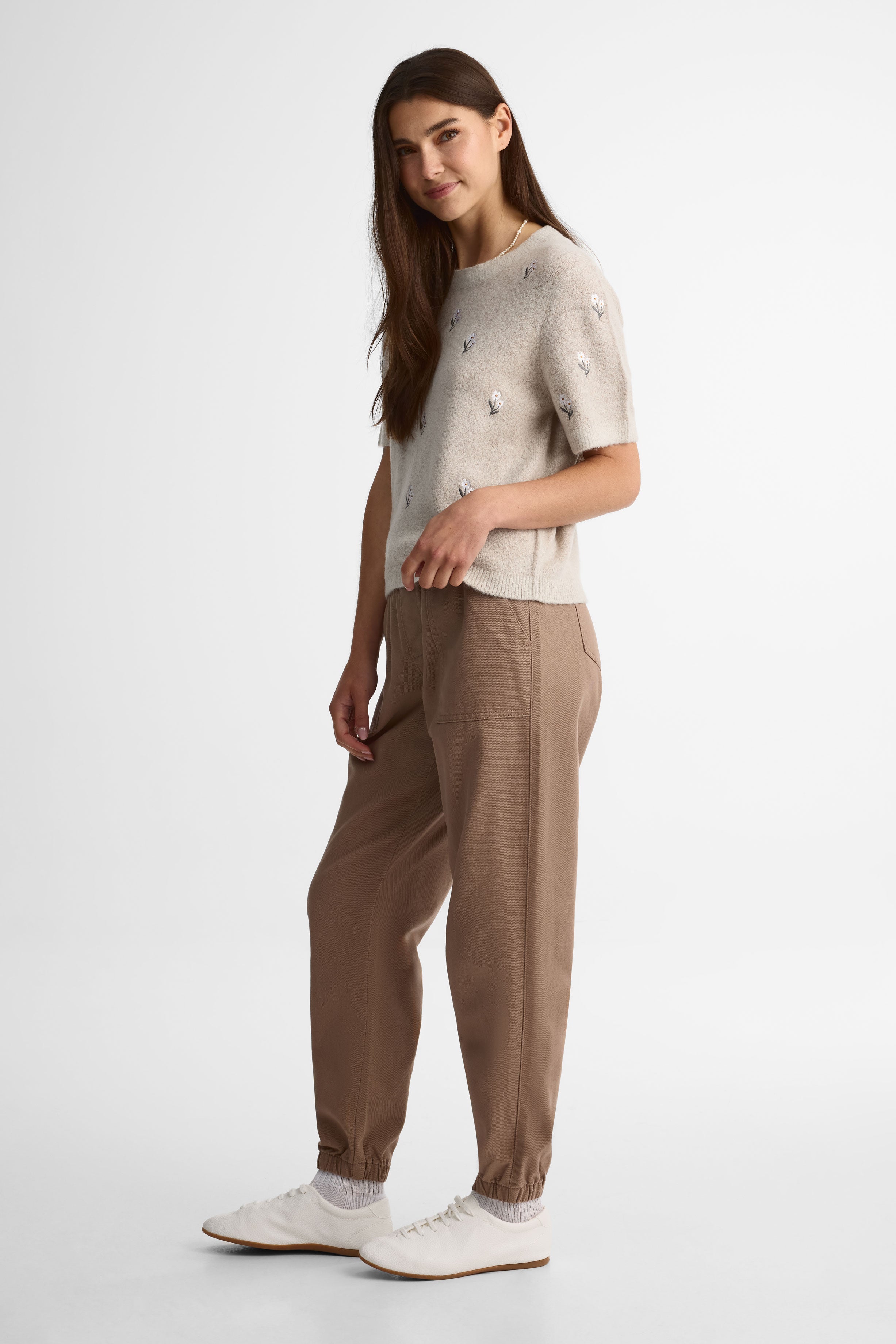 Gilet tricot brodé manches courtes - Femme && OATMEAL