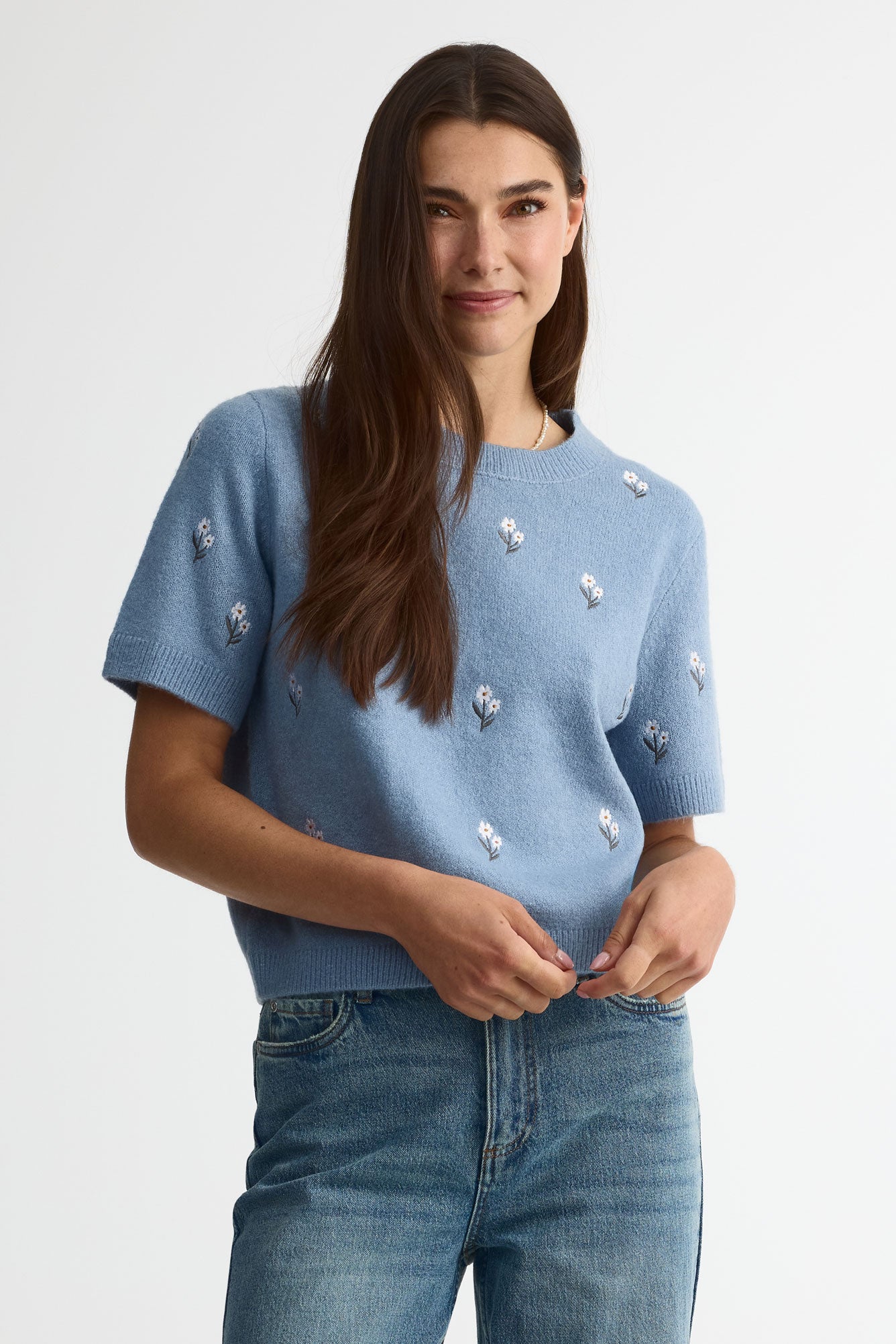 Gilet tricot brodé manches courtes - Femme && BLEU MIXTE