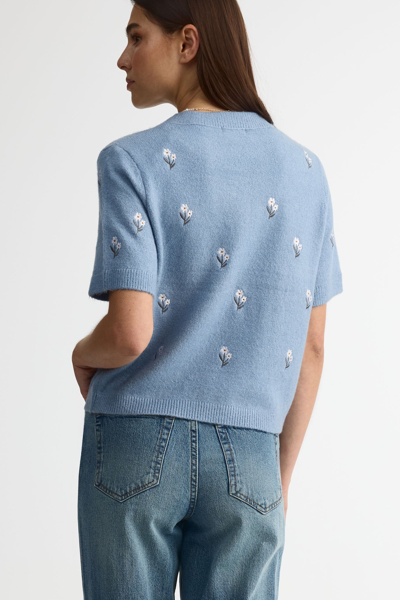 Gilet tricot brodé manches courtes - Femme && BLEU MIXTE