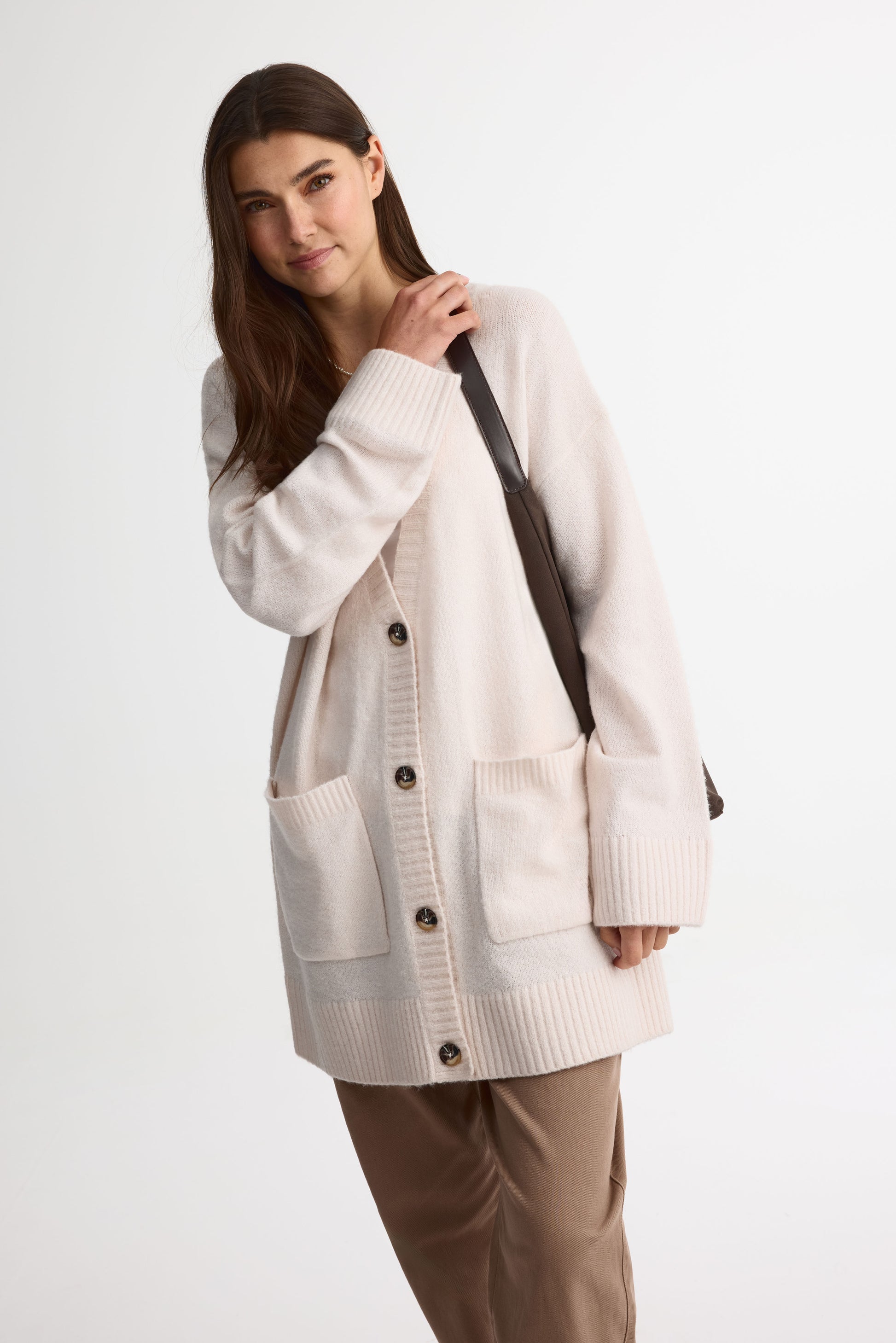 Cardigan ample en tricot avec poches - Femme && OATMEAL