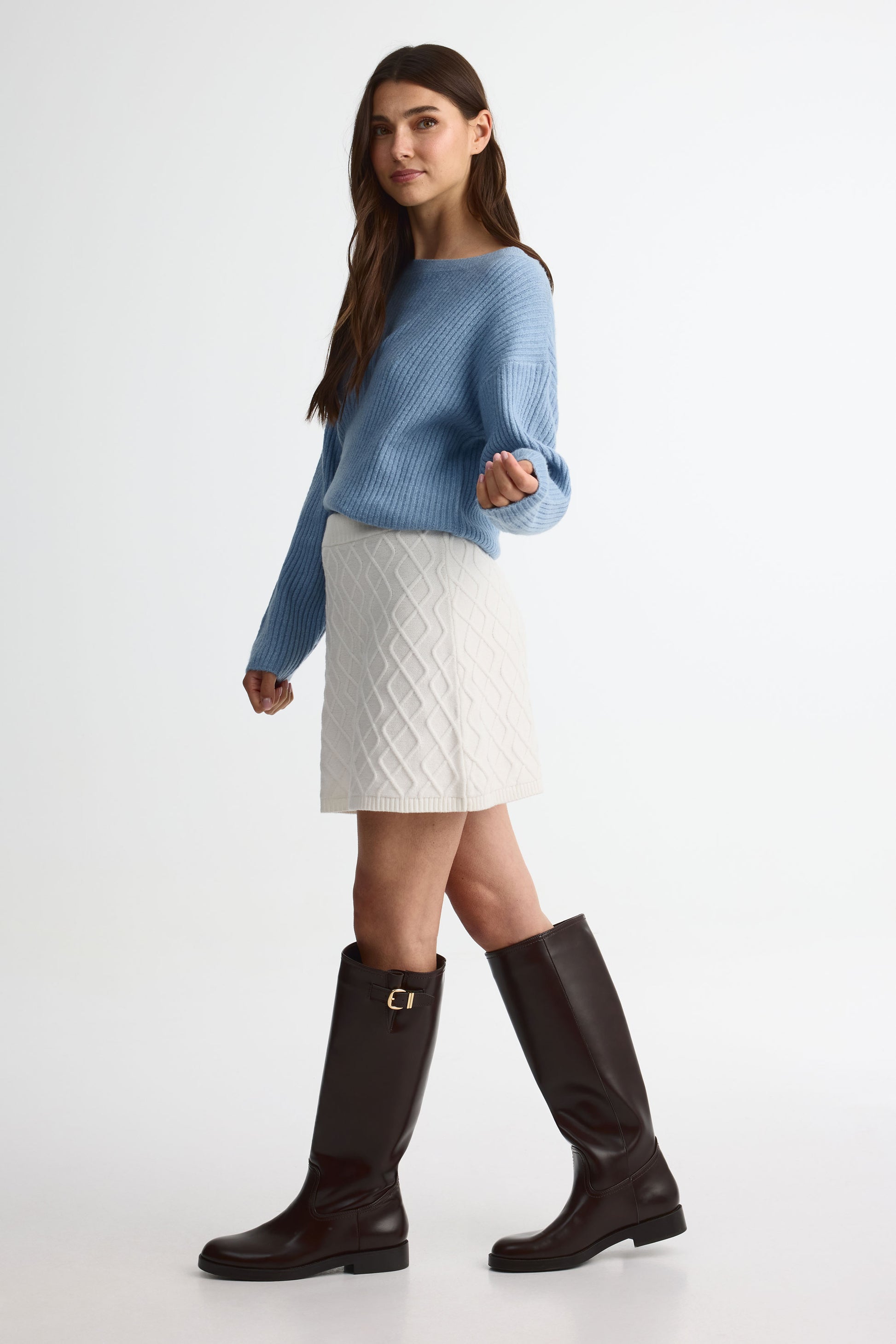 Jupe courte en tricot, taille élastique - Femme && BLANC CASSÉ