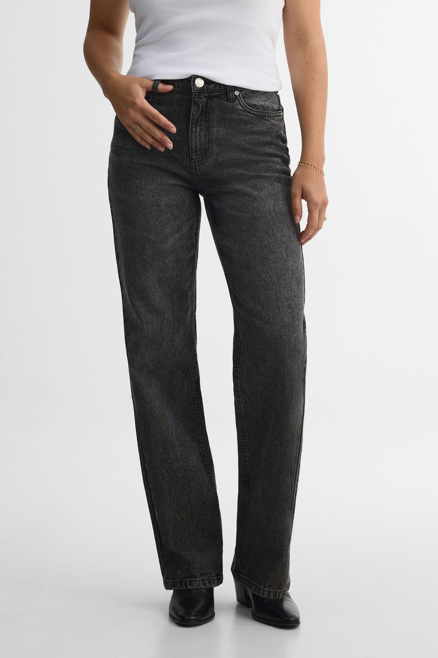 Pantalon denim coupe droite style 90's - Femme && DENIM GRIS