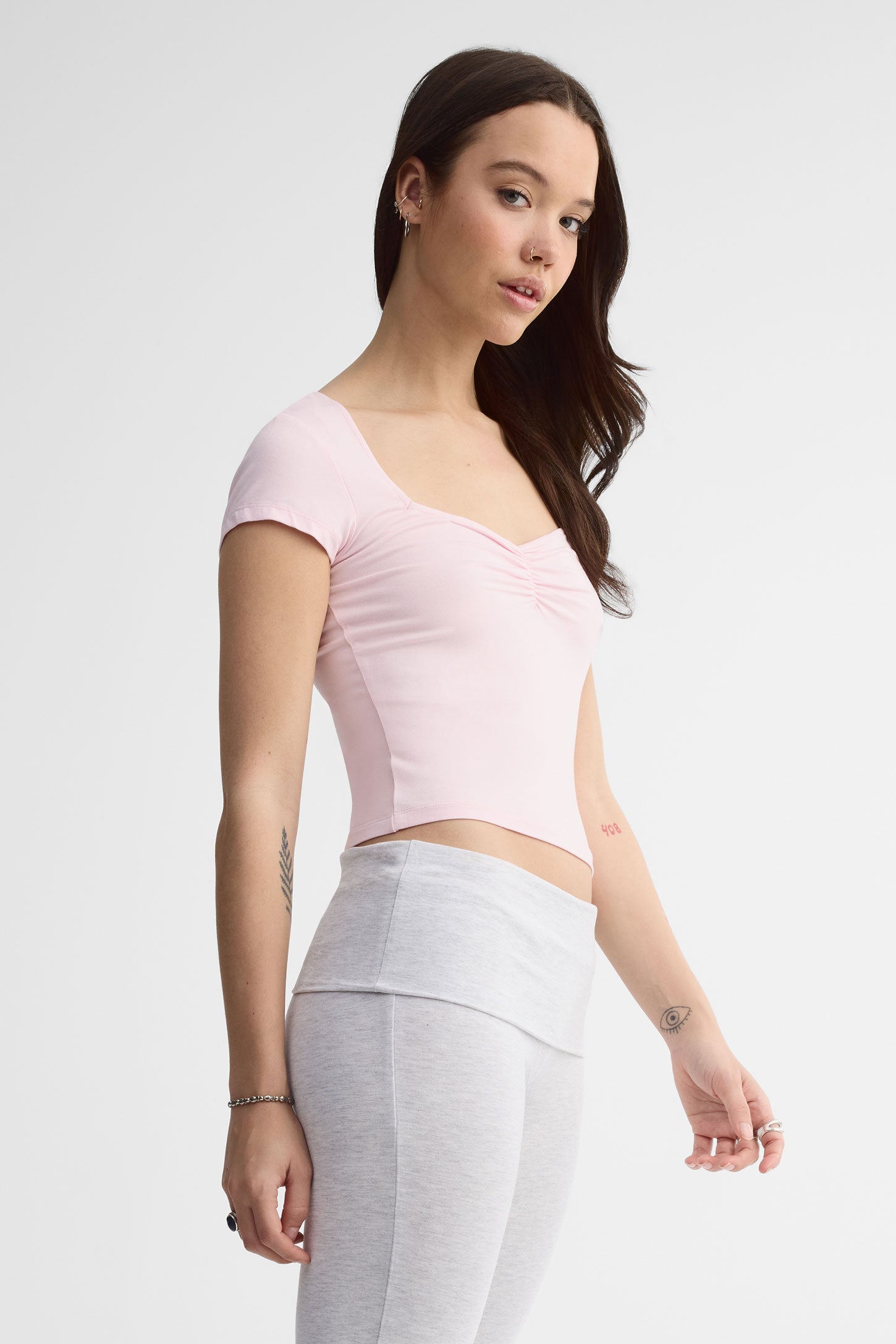 T-shirt col en cœur - Femme && ROSE PALE
