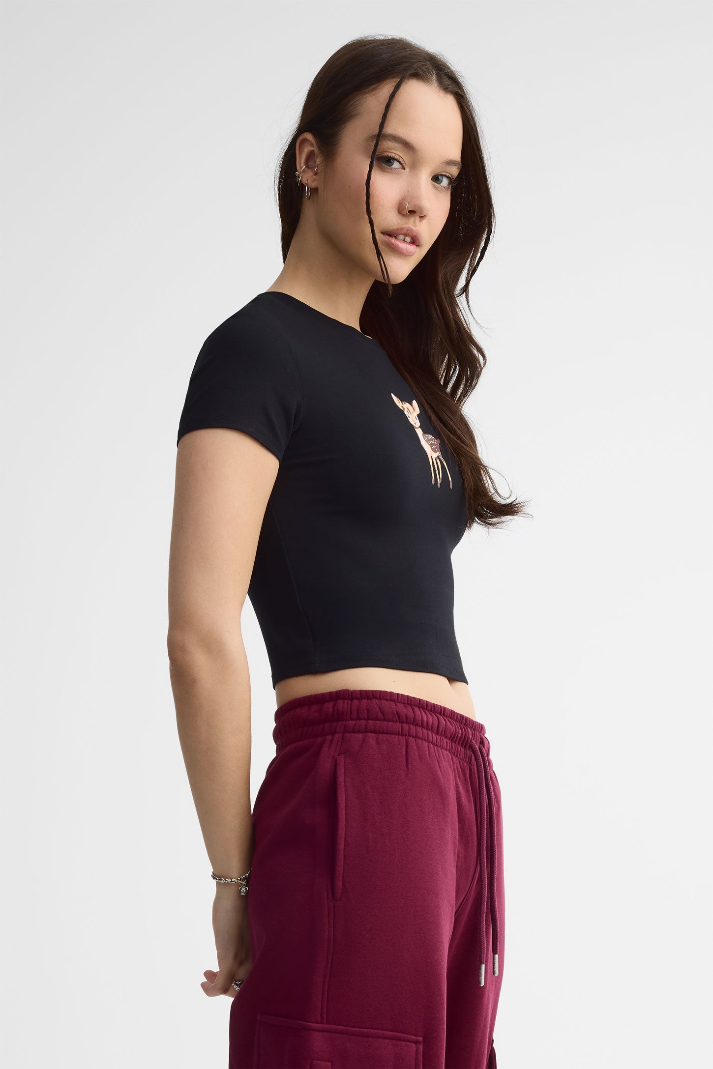 T-shirt ajusté et écourté - Femme && NOIR