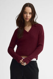 Polo manches longues tricot côtelé - Femme && ROUGE VIN