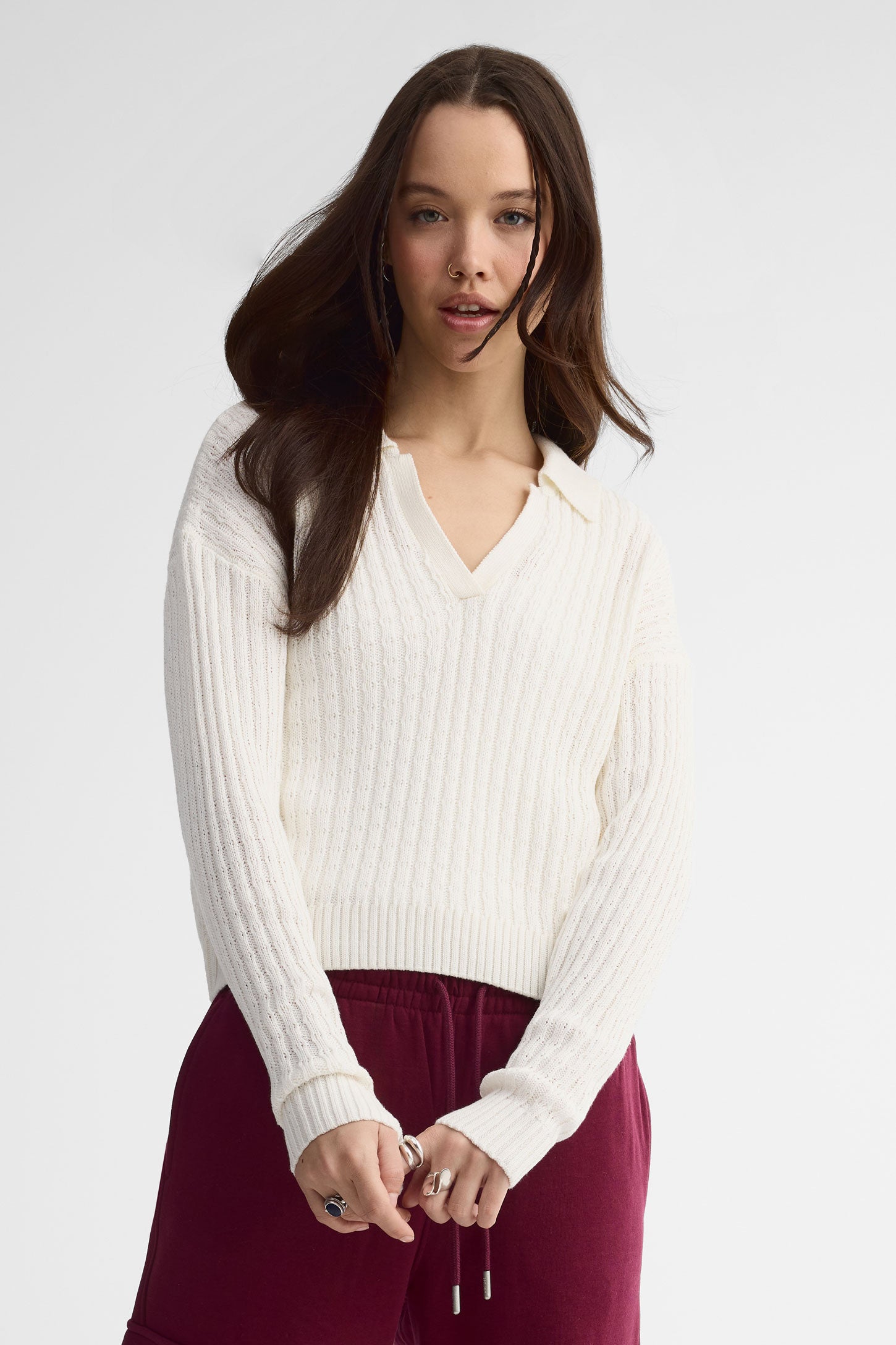 Polo manches longues tricot côtelé - Femme && BLANC CASSÉ