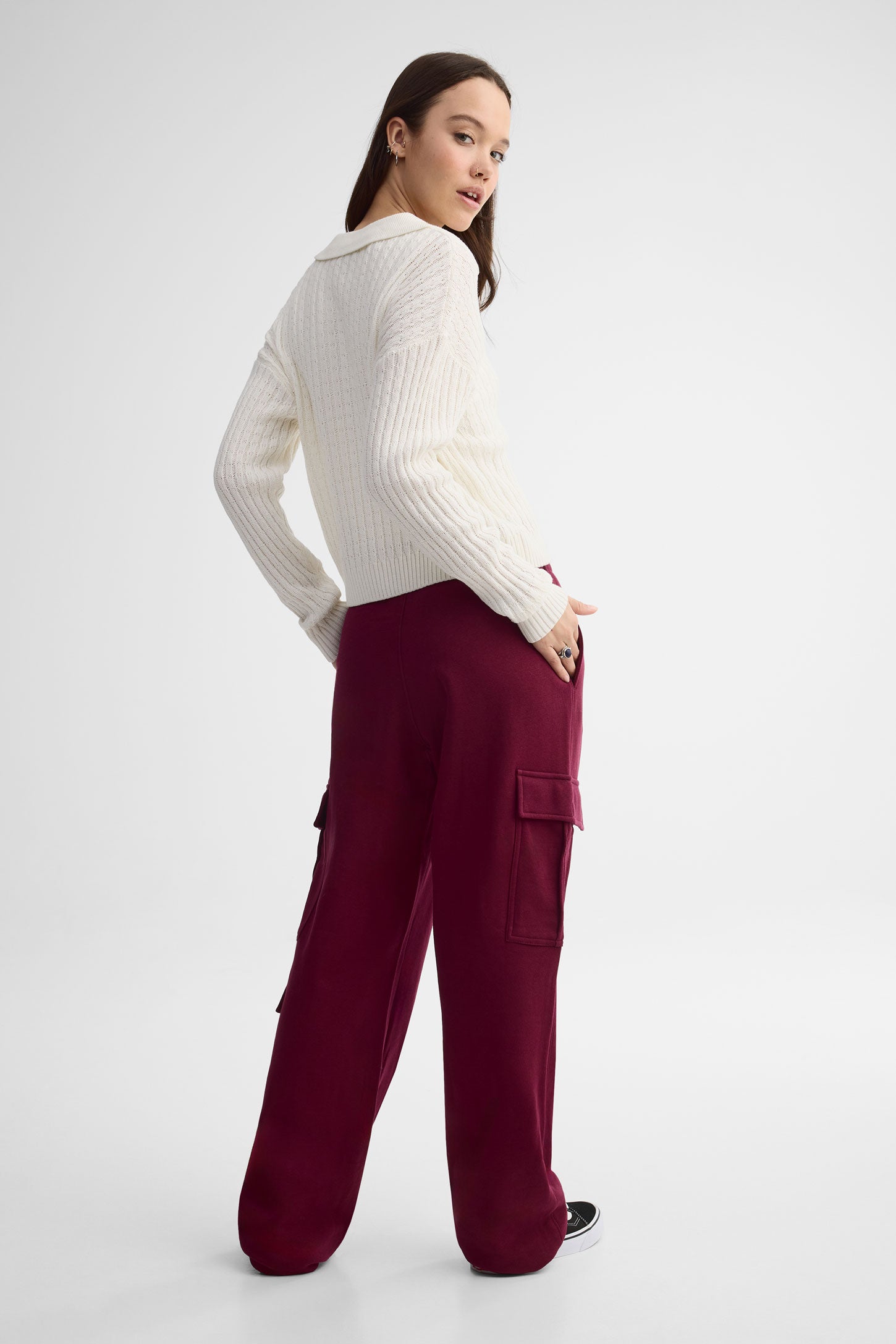 Polo manches longues tricot côtelé - Femme && BLANC CASSÉ