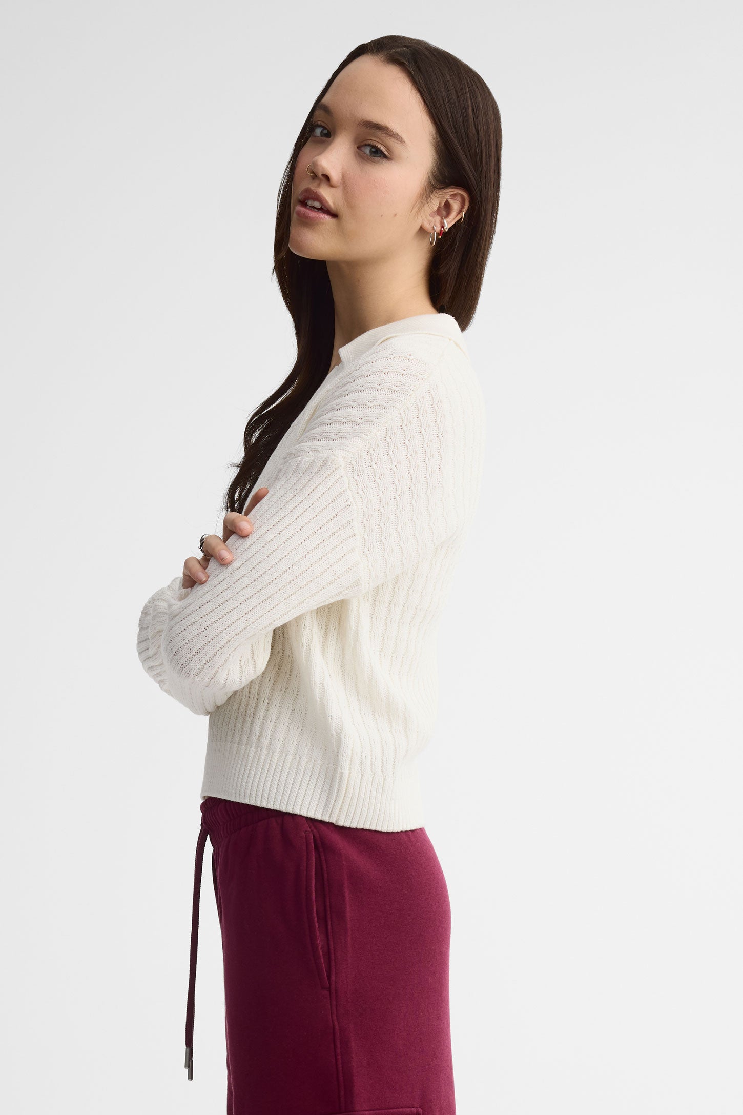 Polo manches longues tricot côtelé - Femme && BLANC CASSÉ