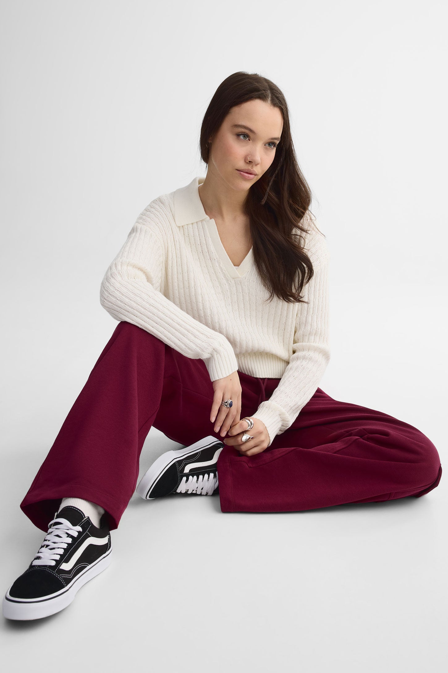 Polo manches longues tricot côtelé - Femme && BLANC CASSÉ