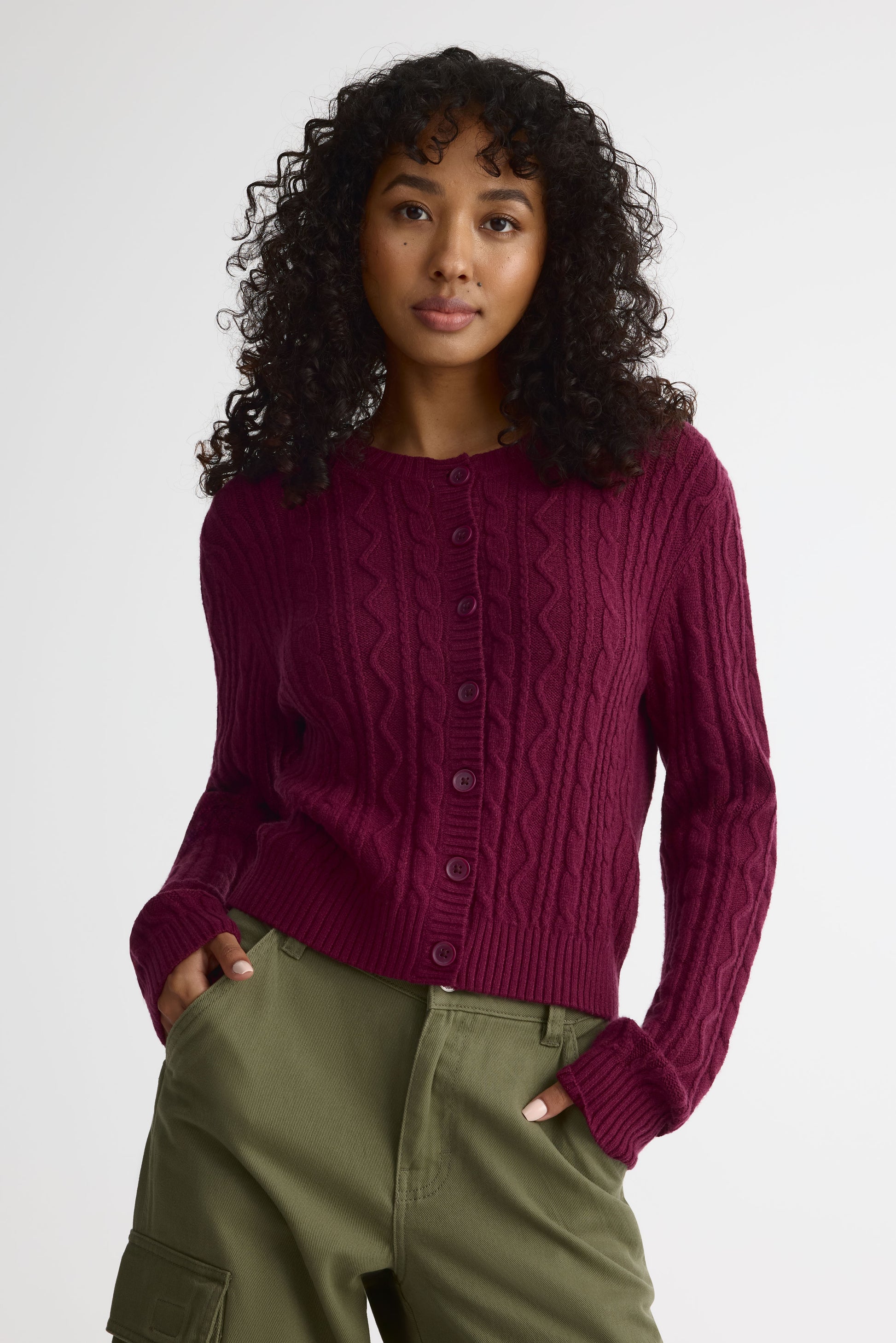 Cardigan tricot câbles - Femme && ROUGE VIN