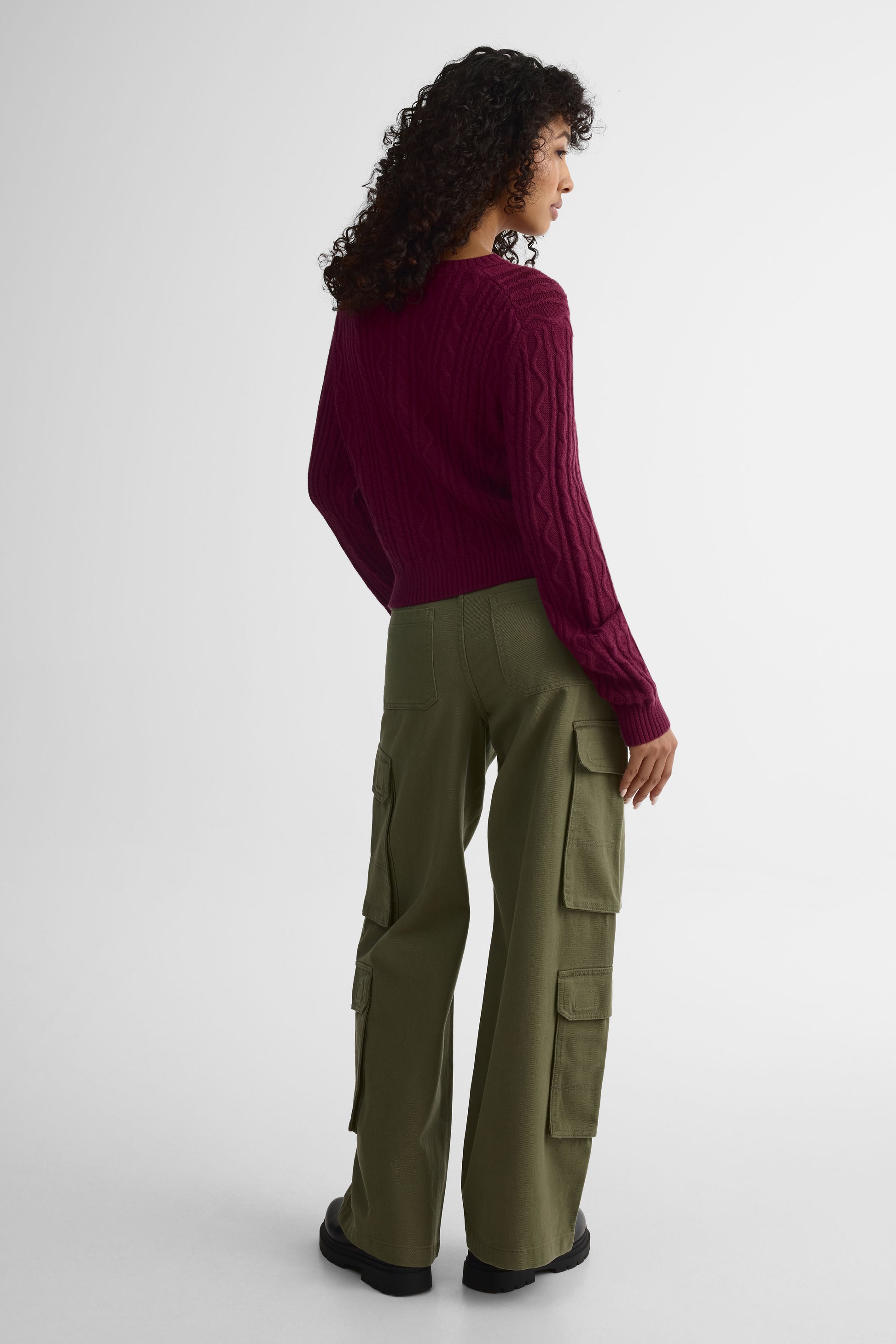 Cardigan tricot câbles - Femme && ROUGE VIN