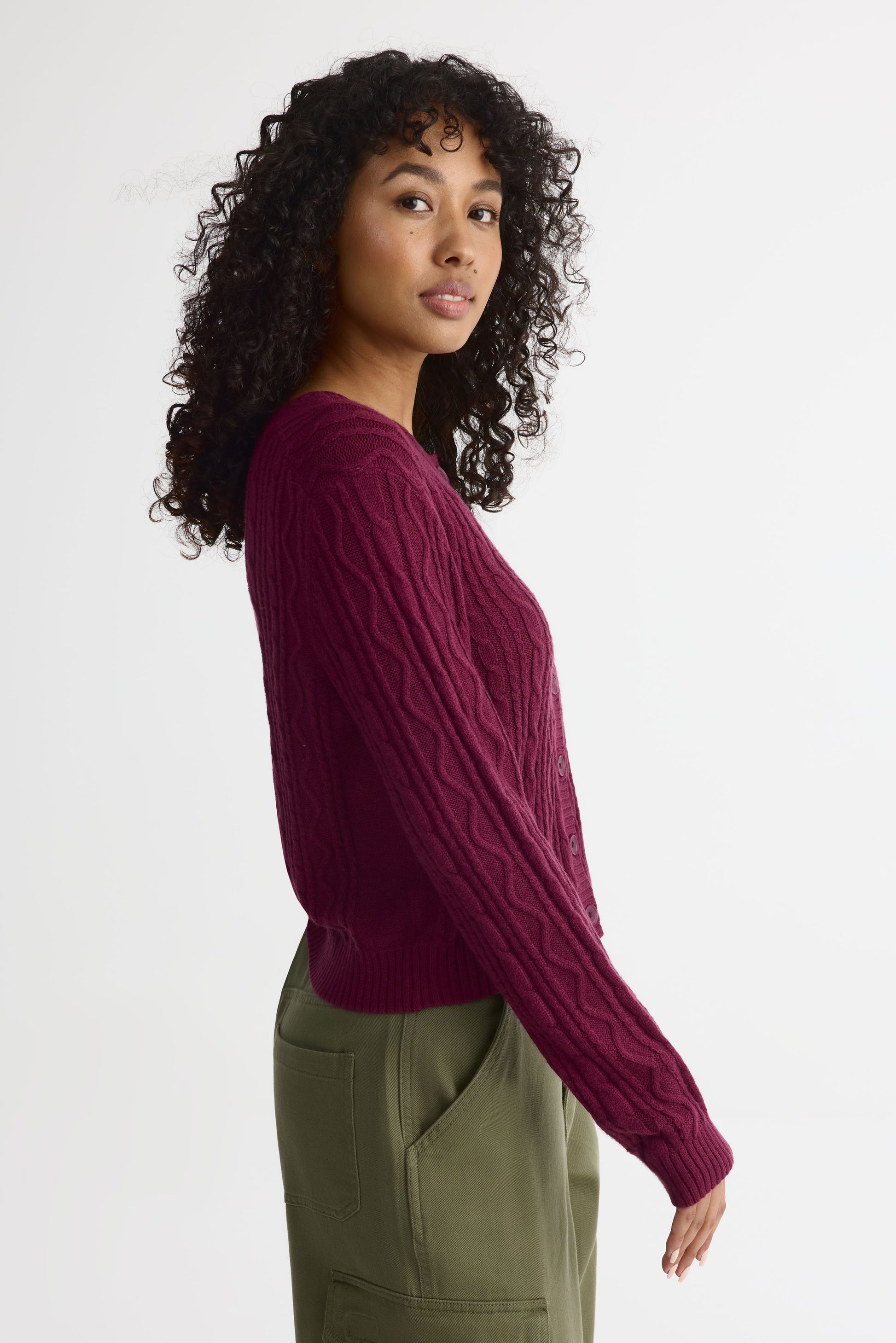 Cardigan tricot câbles - Femme && ROUGE VIN