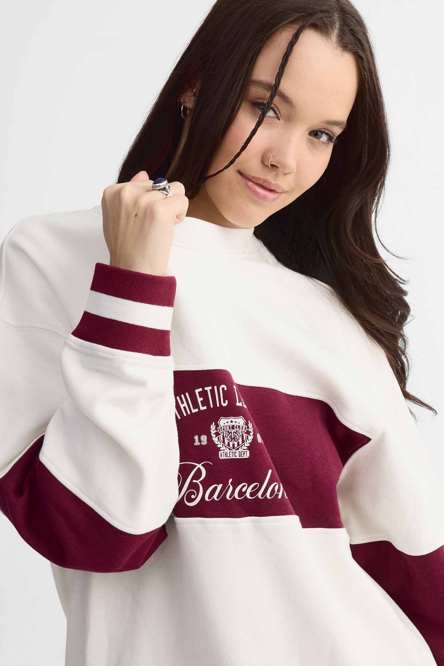 Chandail col rond coton ouaté surdimensionné - Femme && ROUGE/MULTI