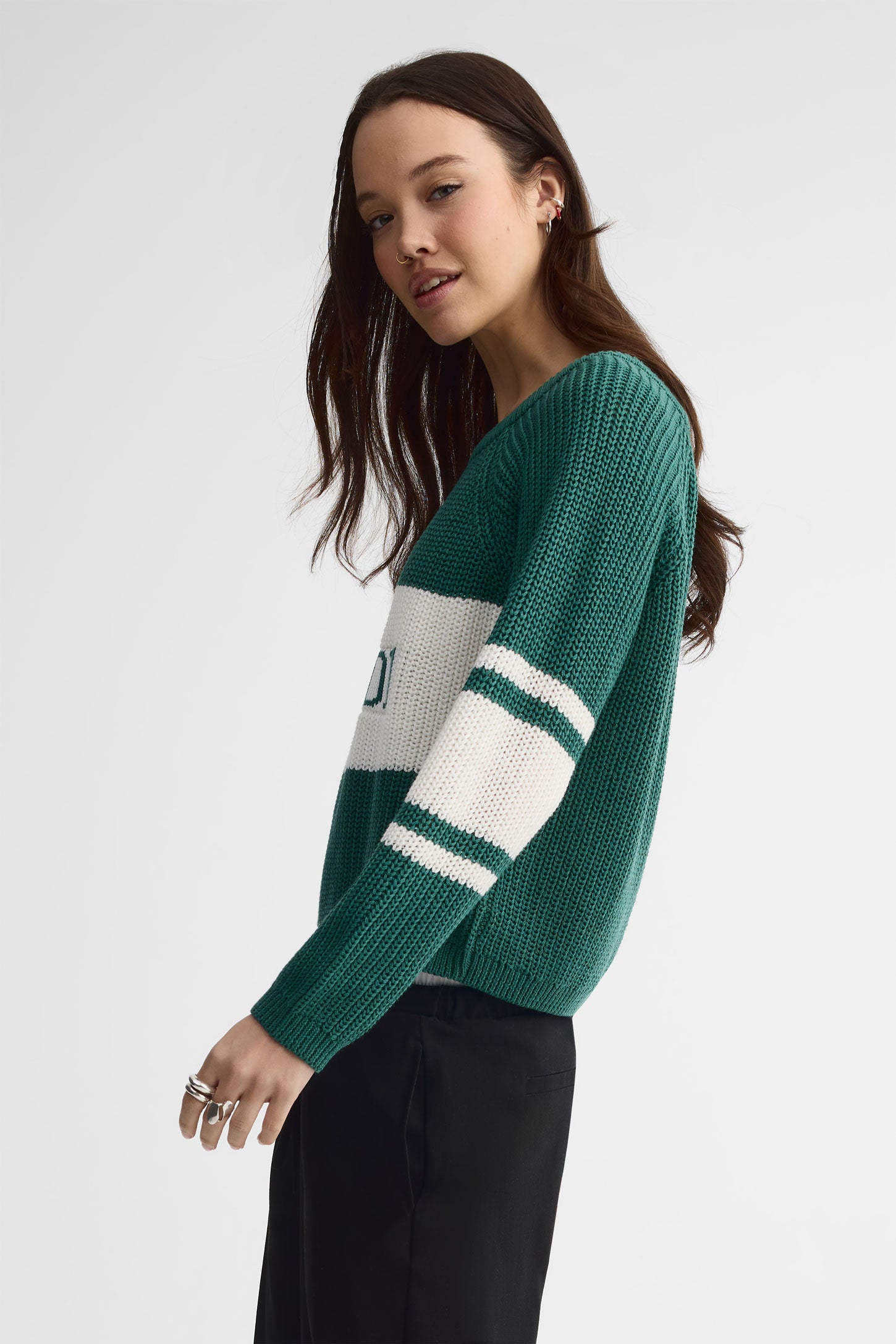 Chandail tricot à rayures coupe ample - Femme && VERT/MULTI
