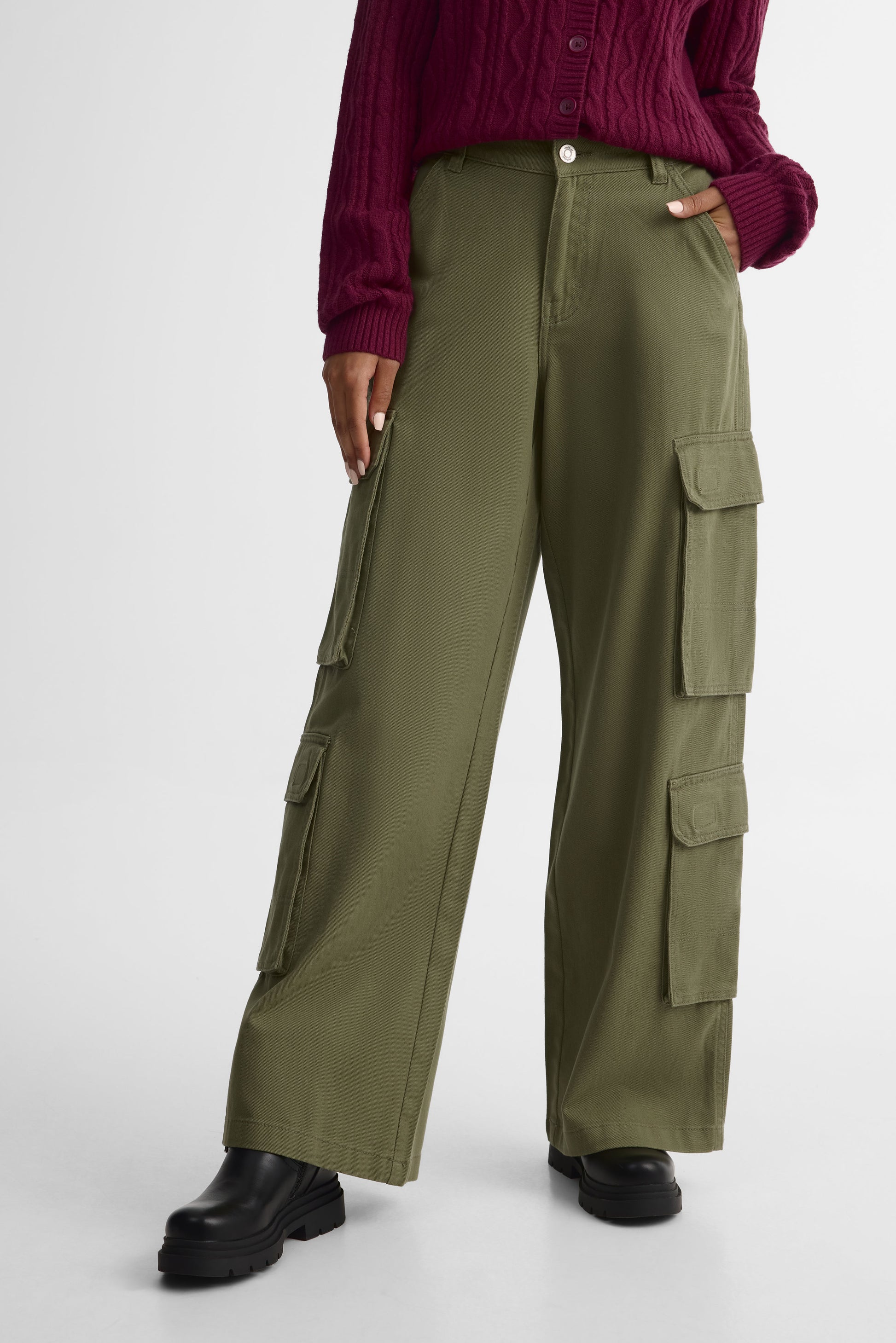 Pantalon cargo taille semi-haute - Femme && KAKI