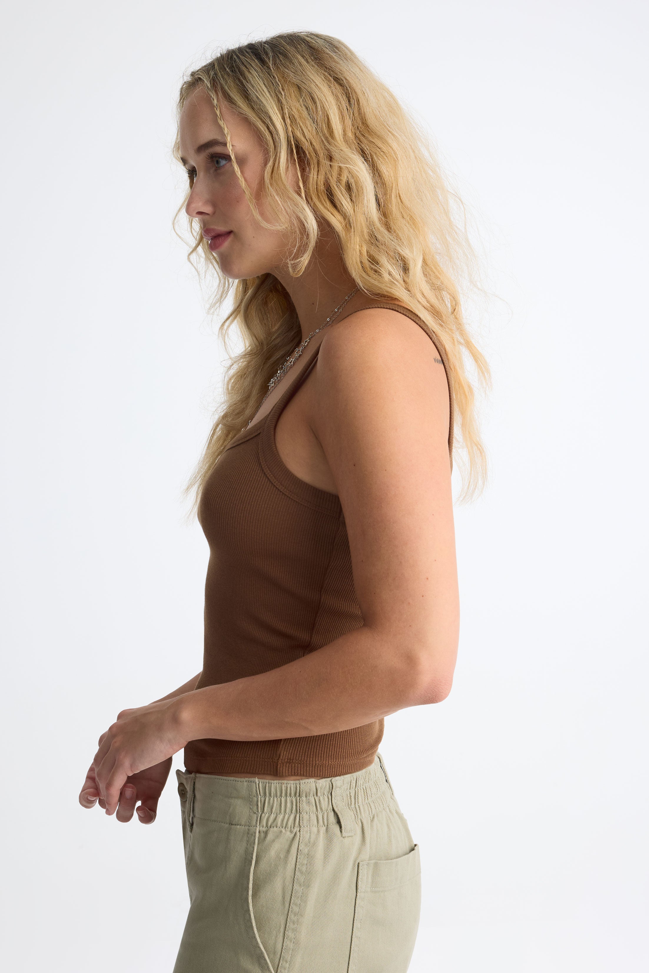 Camisole encolure dégagée coton côtelé - Femme && BRUN