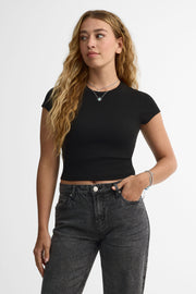 T-shirt col rond coton côtelé - Femme && NOIR