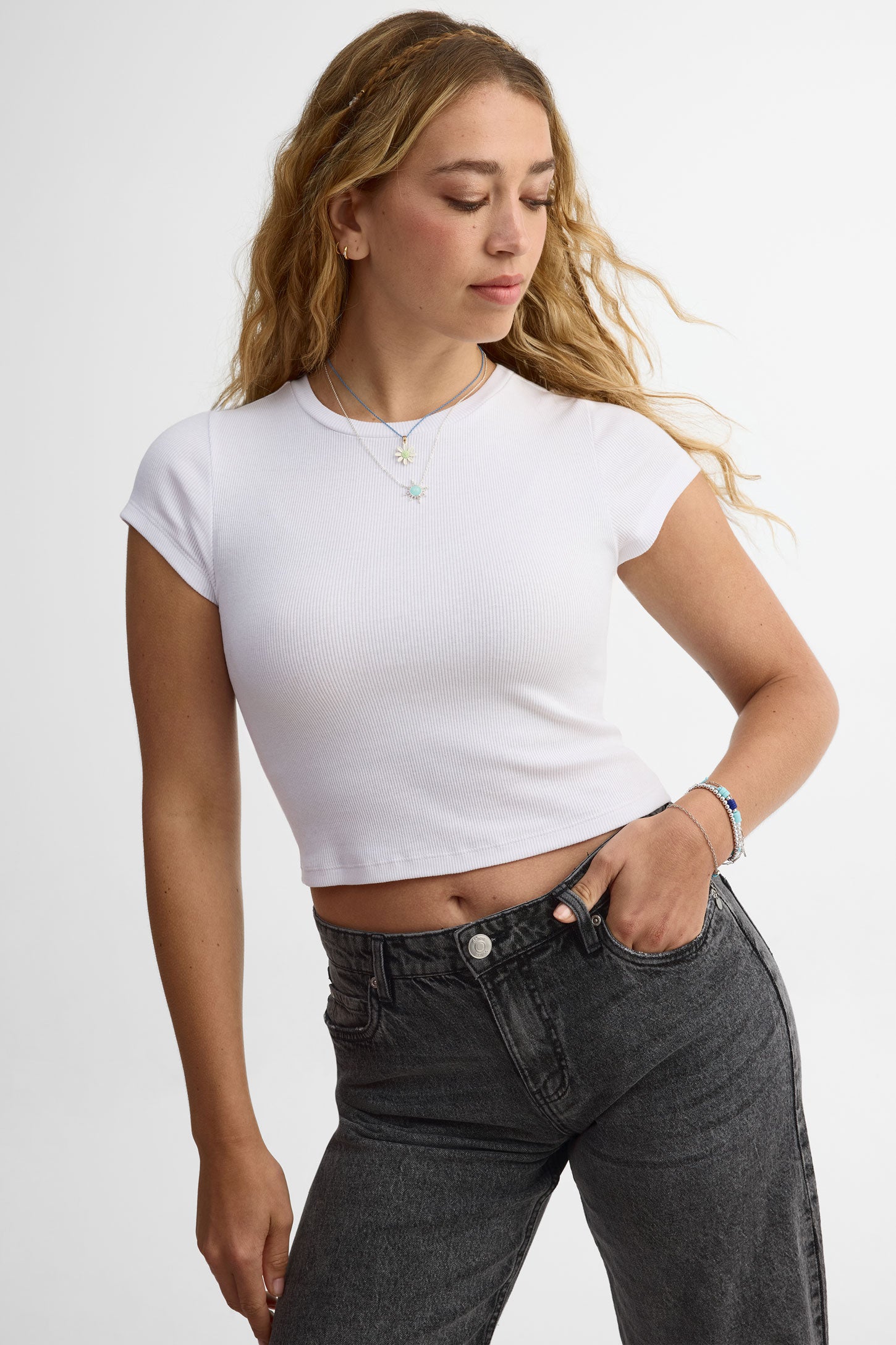 T-shirt col rond coton côtelé - Femme && BLANC
