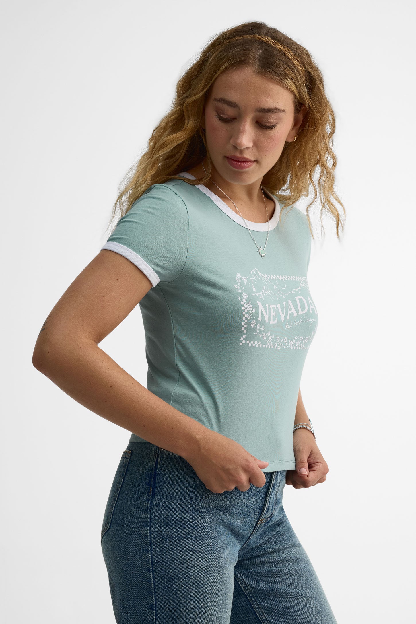 T-shirt col rond coton - Femme && BLEU MULTI
