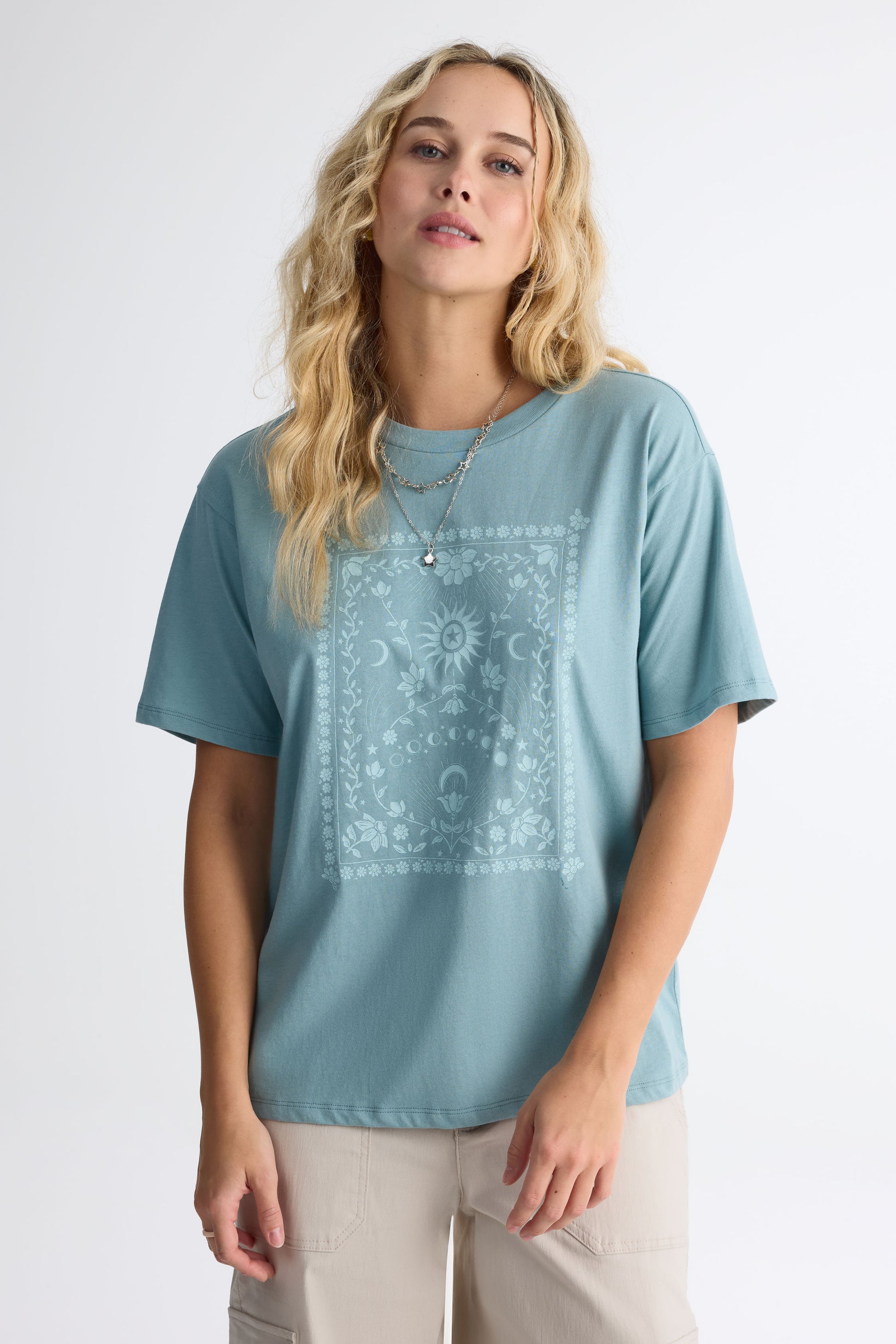T-shirt col rond coupe surdimensionnée - Femme && BLEU
