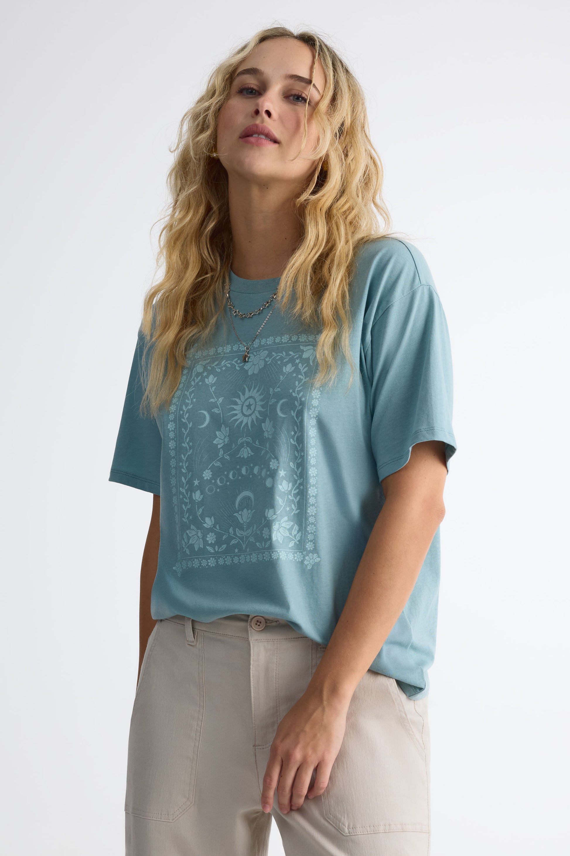 T-shirt col rond coupe surdimensionnée - Femme && BLEU