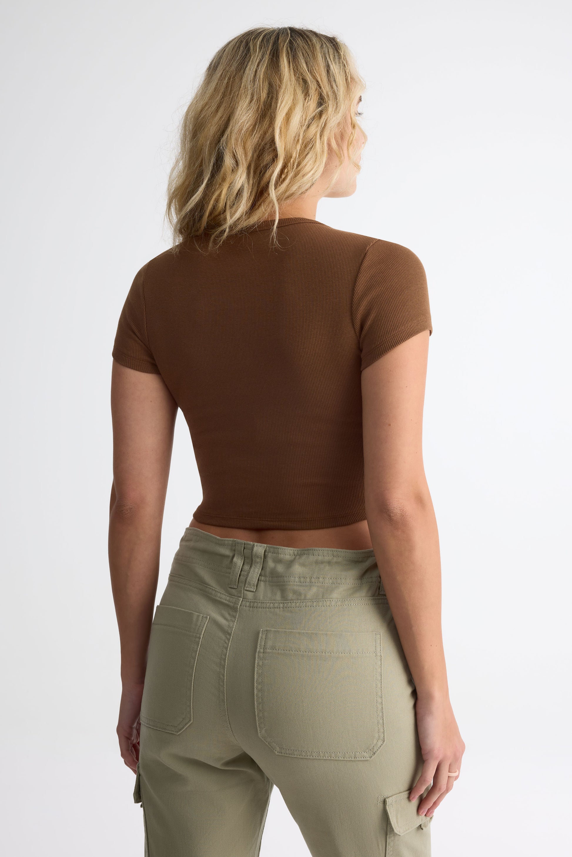 T-shirt col rond coton côtelé - Femme && BRUN
