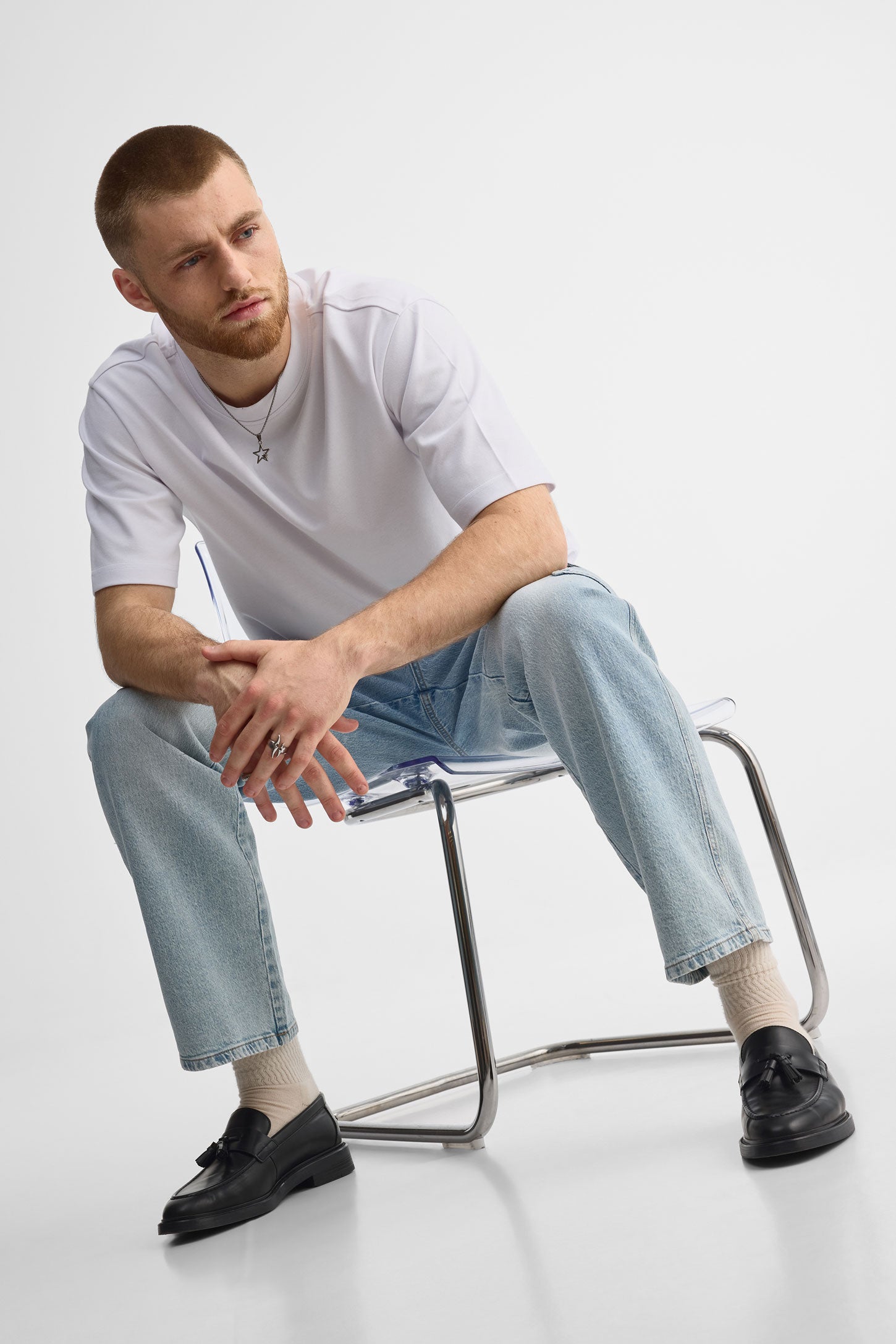 T-shirt col rond coupe surdimensionnée - Homme && BLANC