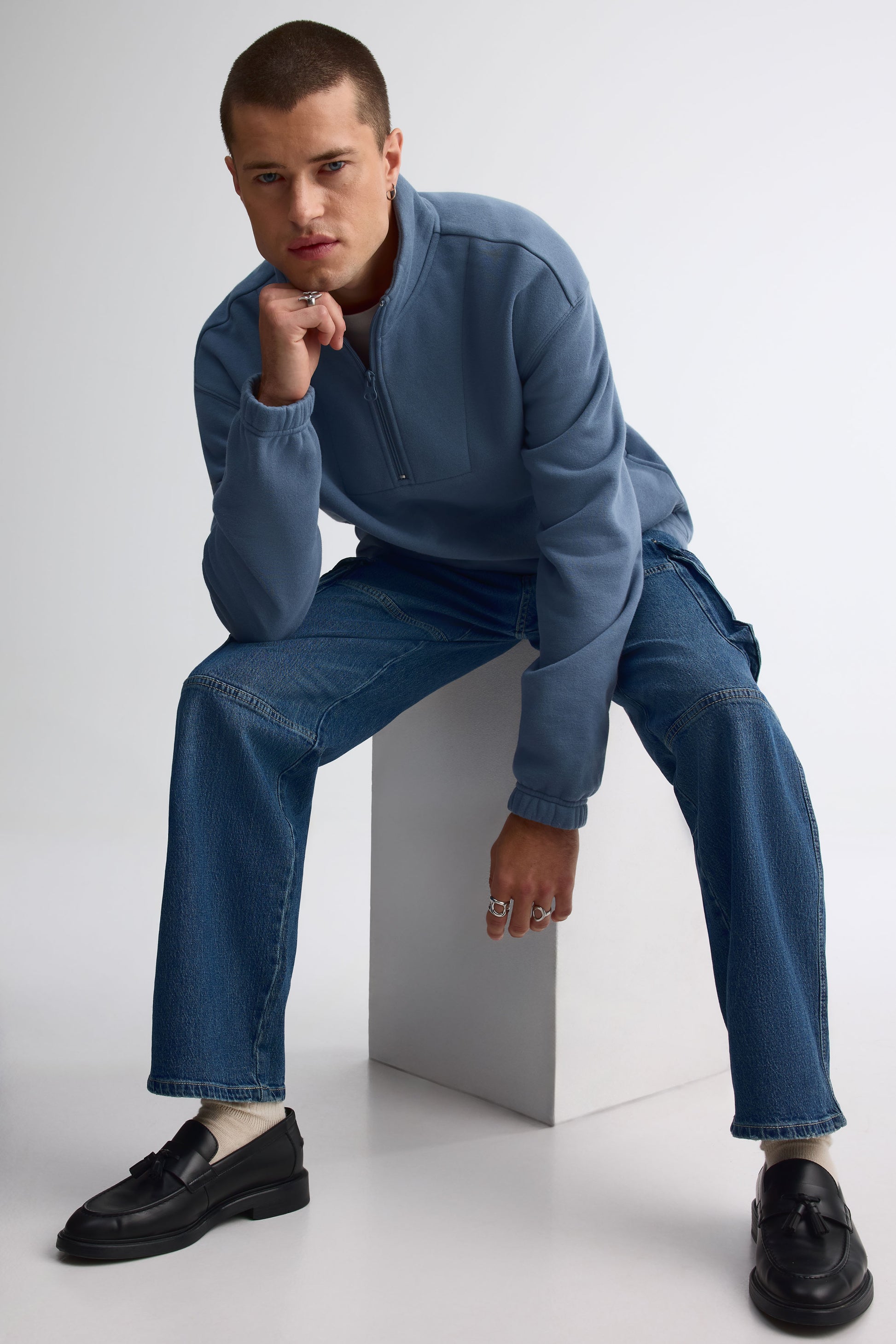 Chandail col montant coton ouaté - Homme && BLEU FONCE