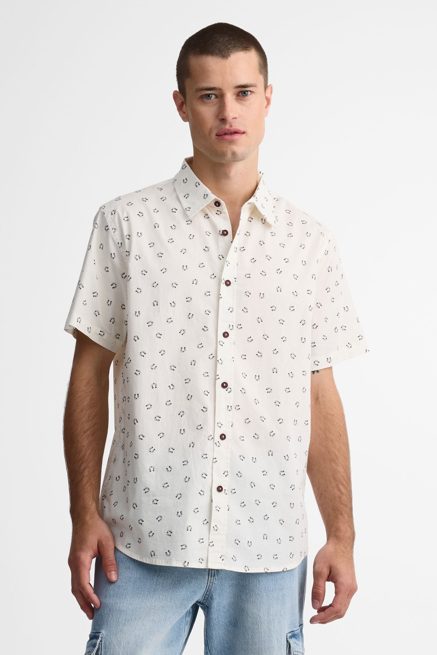 Chemise manches courtes imprimée en popeline - Homme && BLANC CASSÉ/MULTI