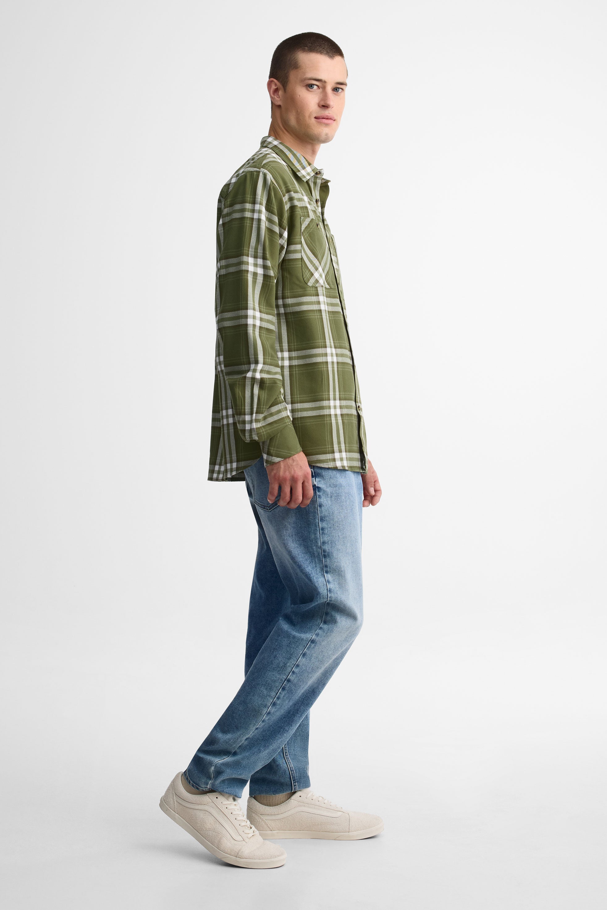 Chemise à manches longues en flanelle - Homme && KAKI/MULTI