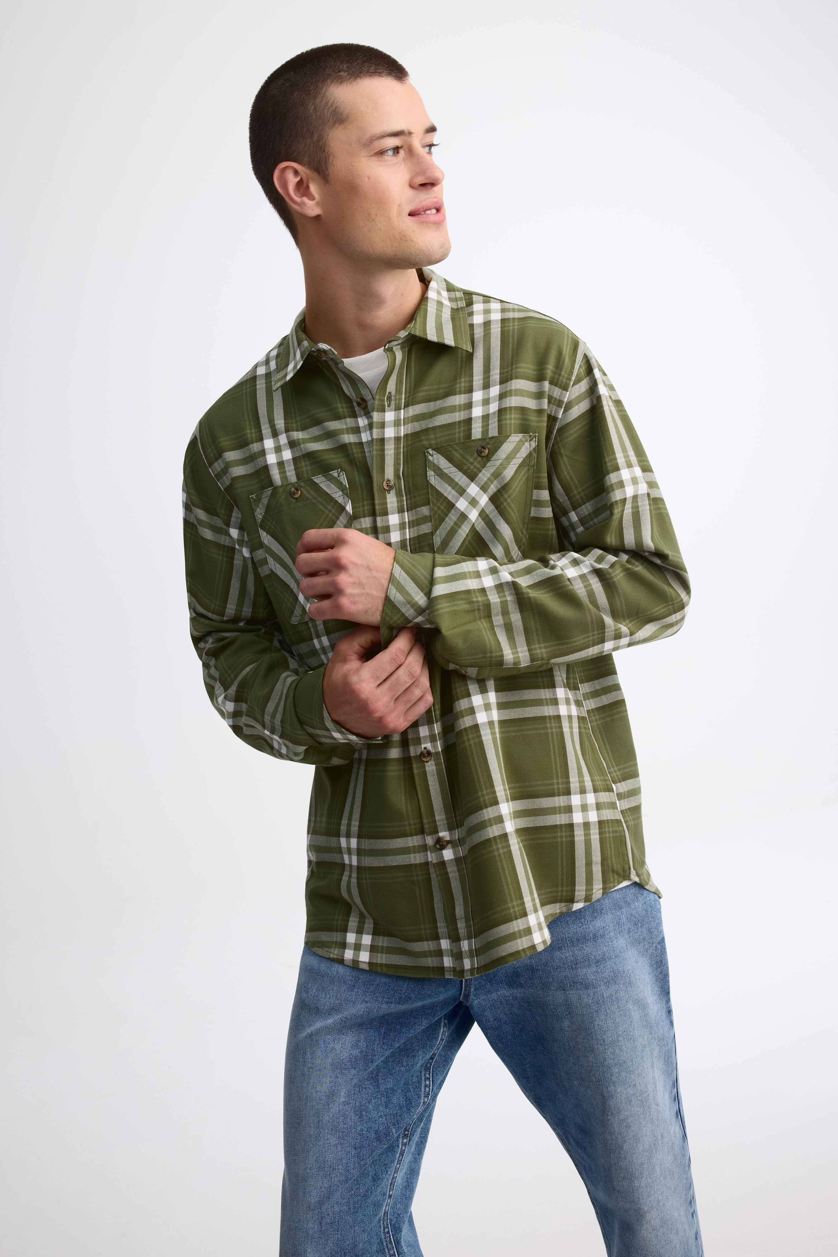 Chemise à manches longues en flanelle - Homme && KAKI/MULTI