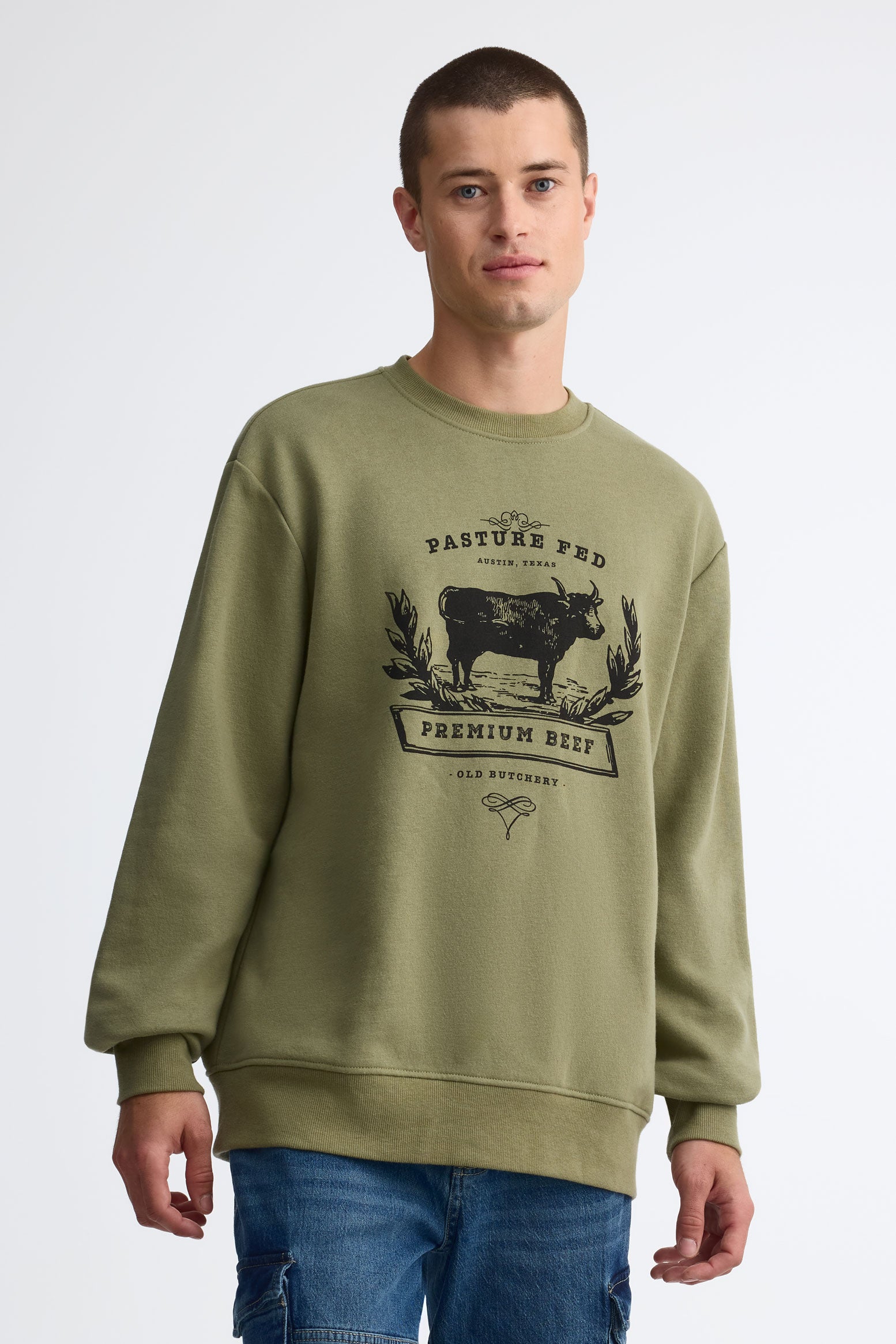 Chandail col rond coton ouaté - Homme && KAKI