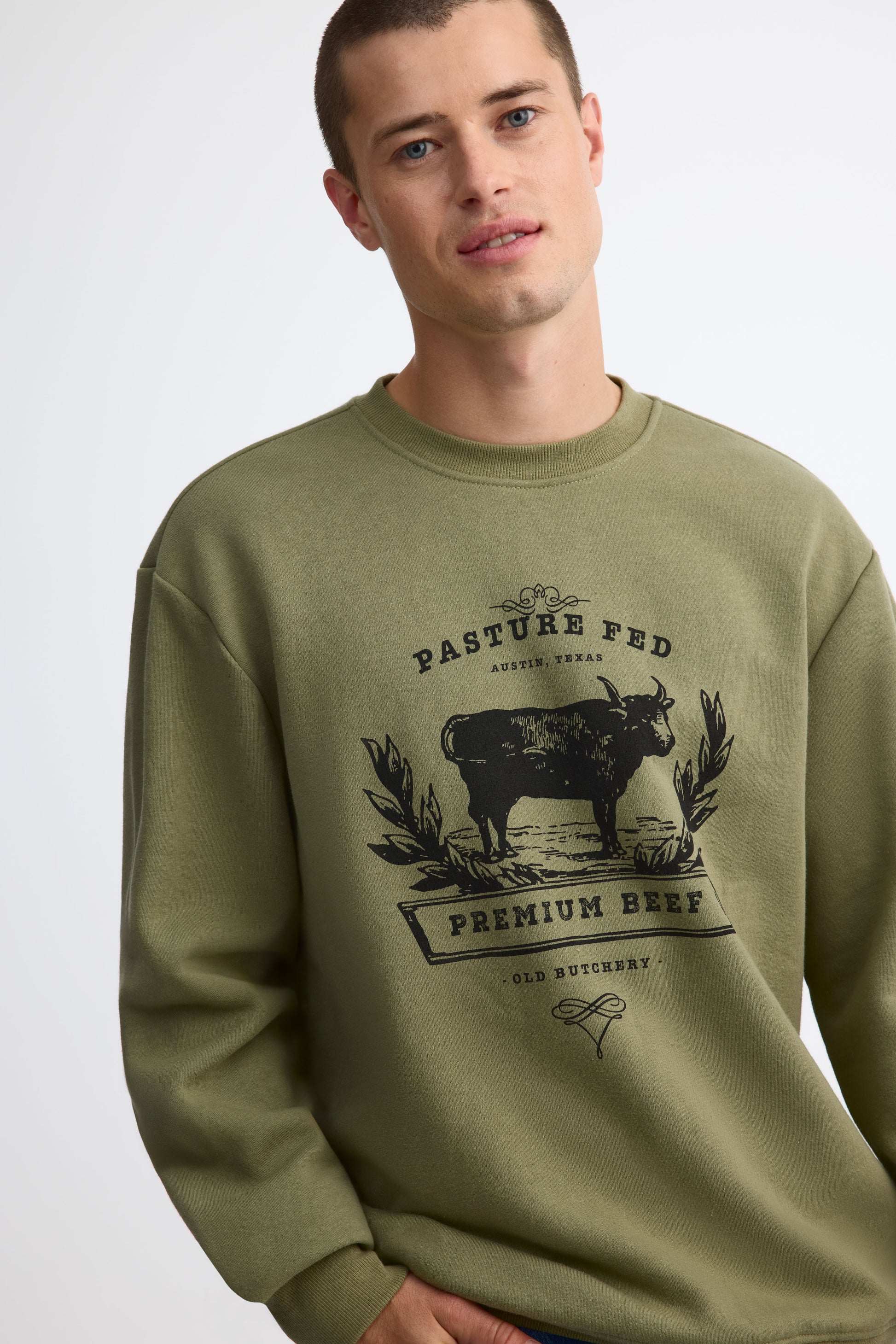 Chandail col rond coton ouaté - Homme && KAKI