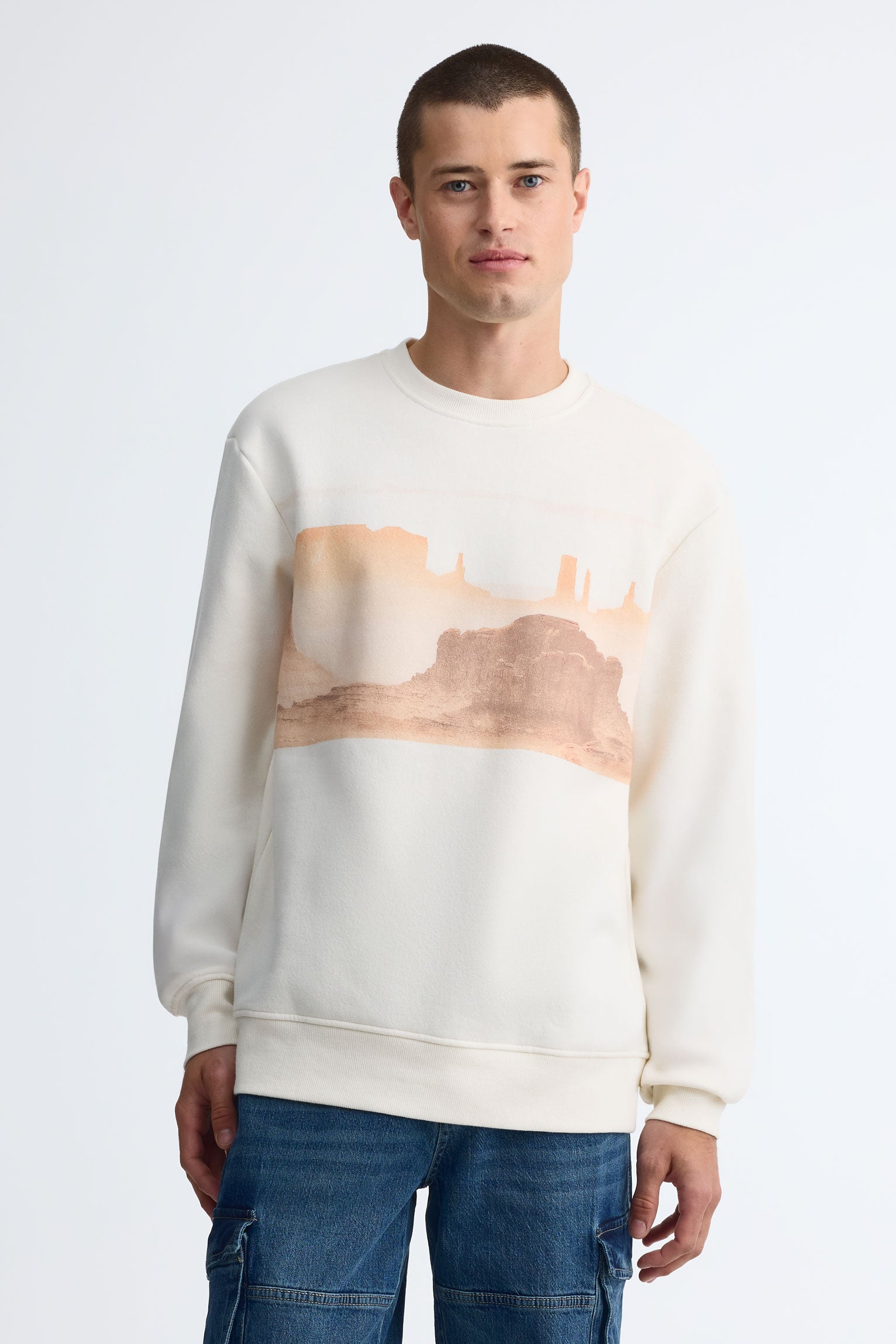 Chandail col rond coton ouaté - Homme && BLANC CASSÉ
