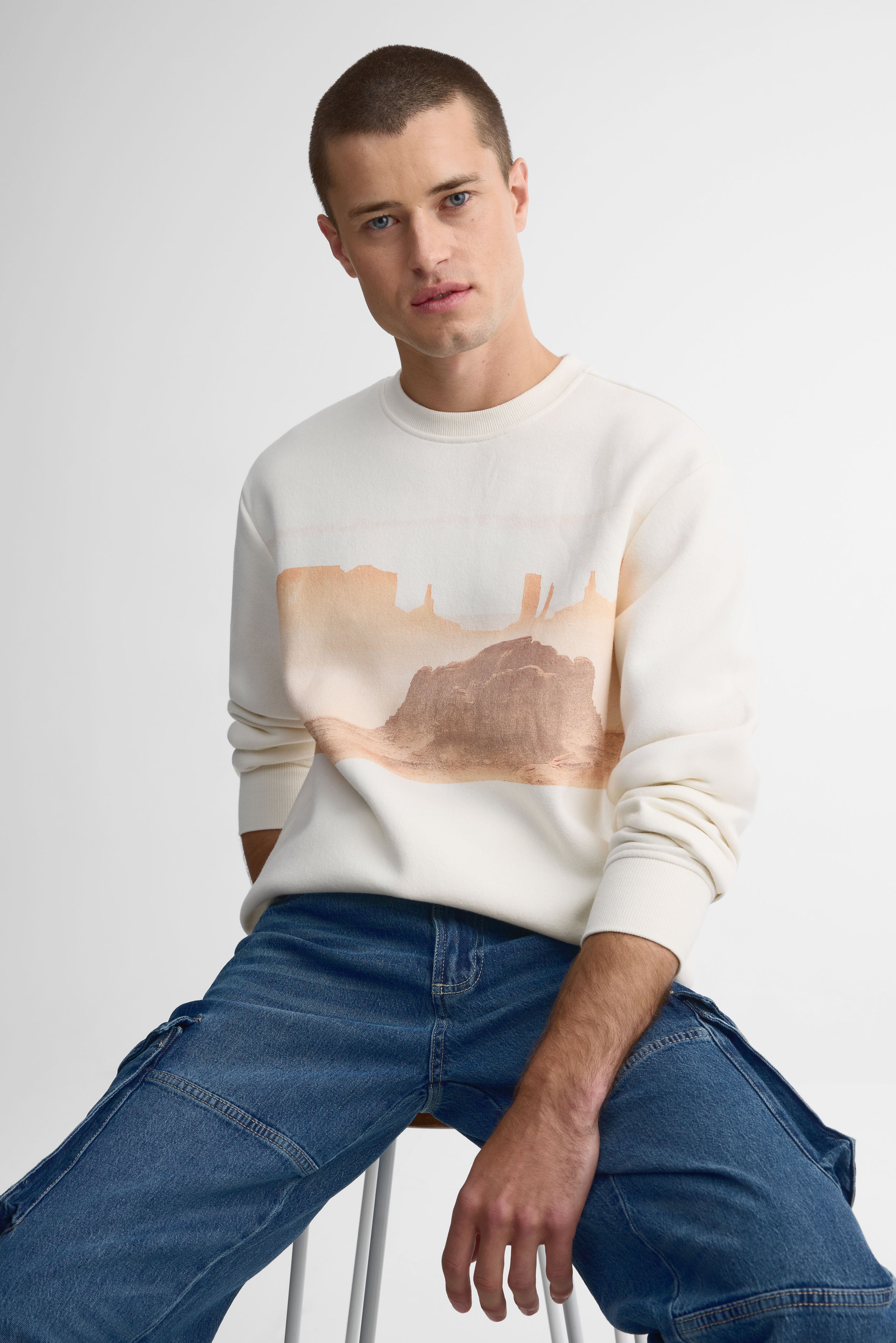 Chandail col rond coton ouaté - Homme && BLANC CASSÉ