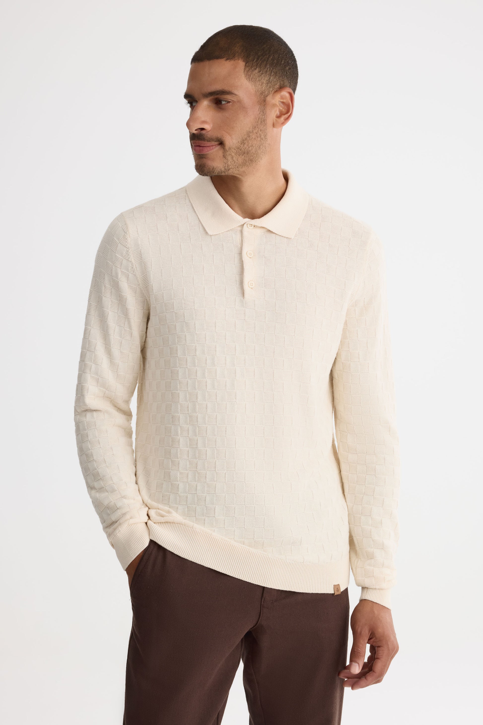 Chandail tricot col polo à manches longues - Homme && BEIGE