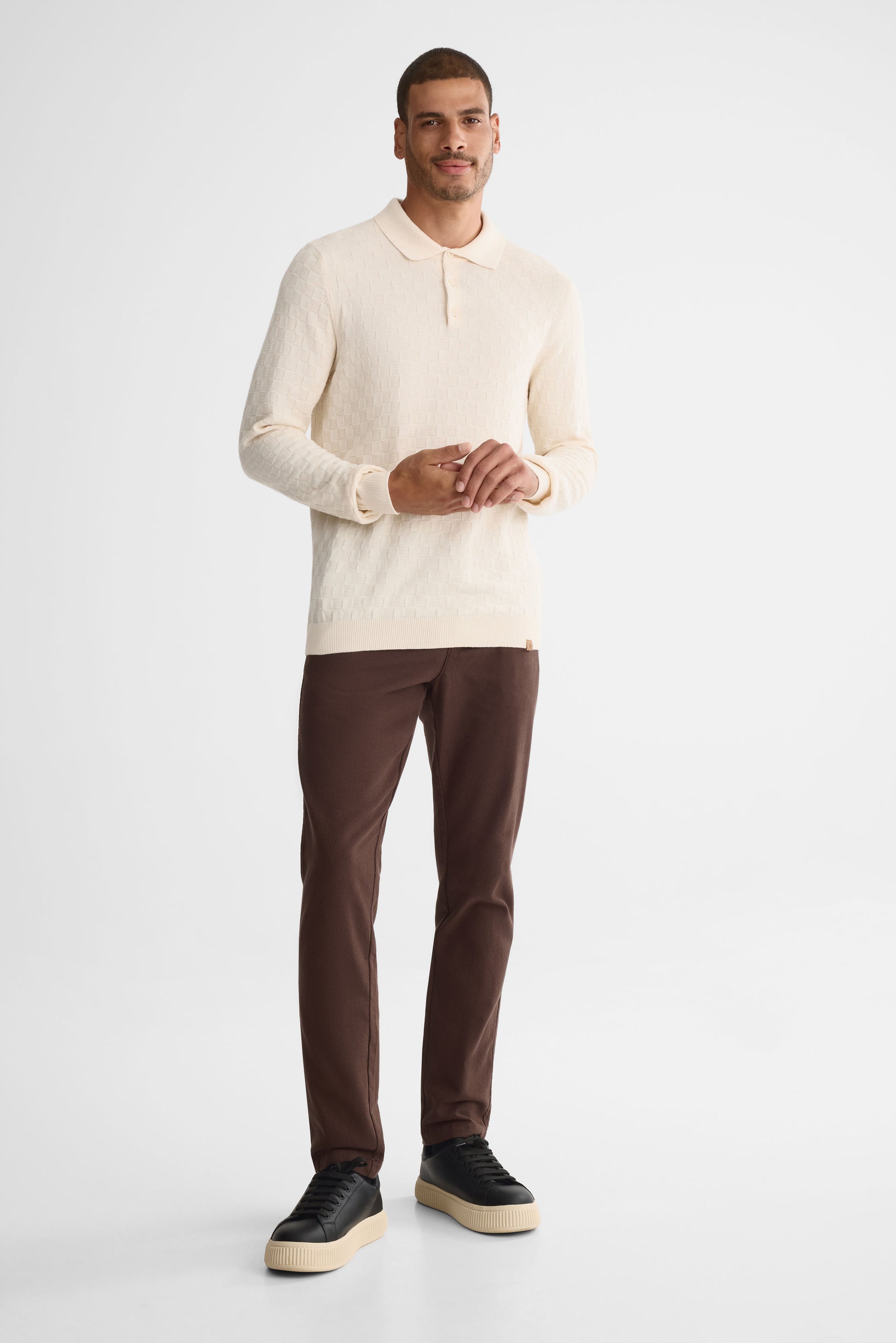 Chandail tricot col polo à manches longues - Homme && BEIGE