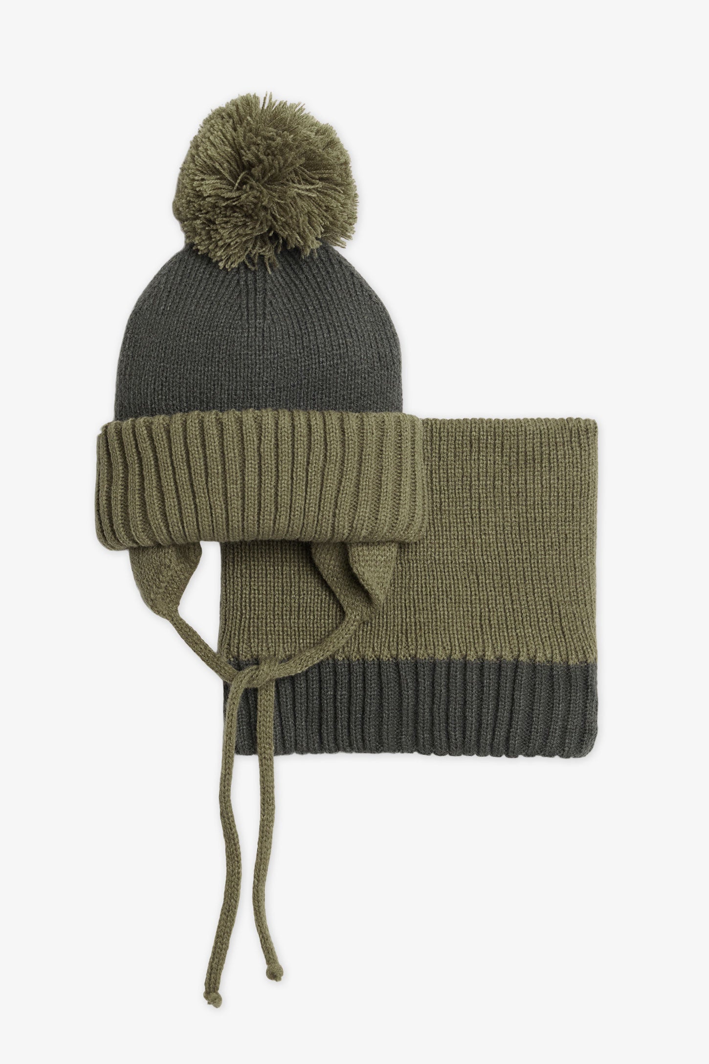 Combo Tuque Pompon Cordon et Cache Cou - Bébé garçon && KAKI