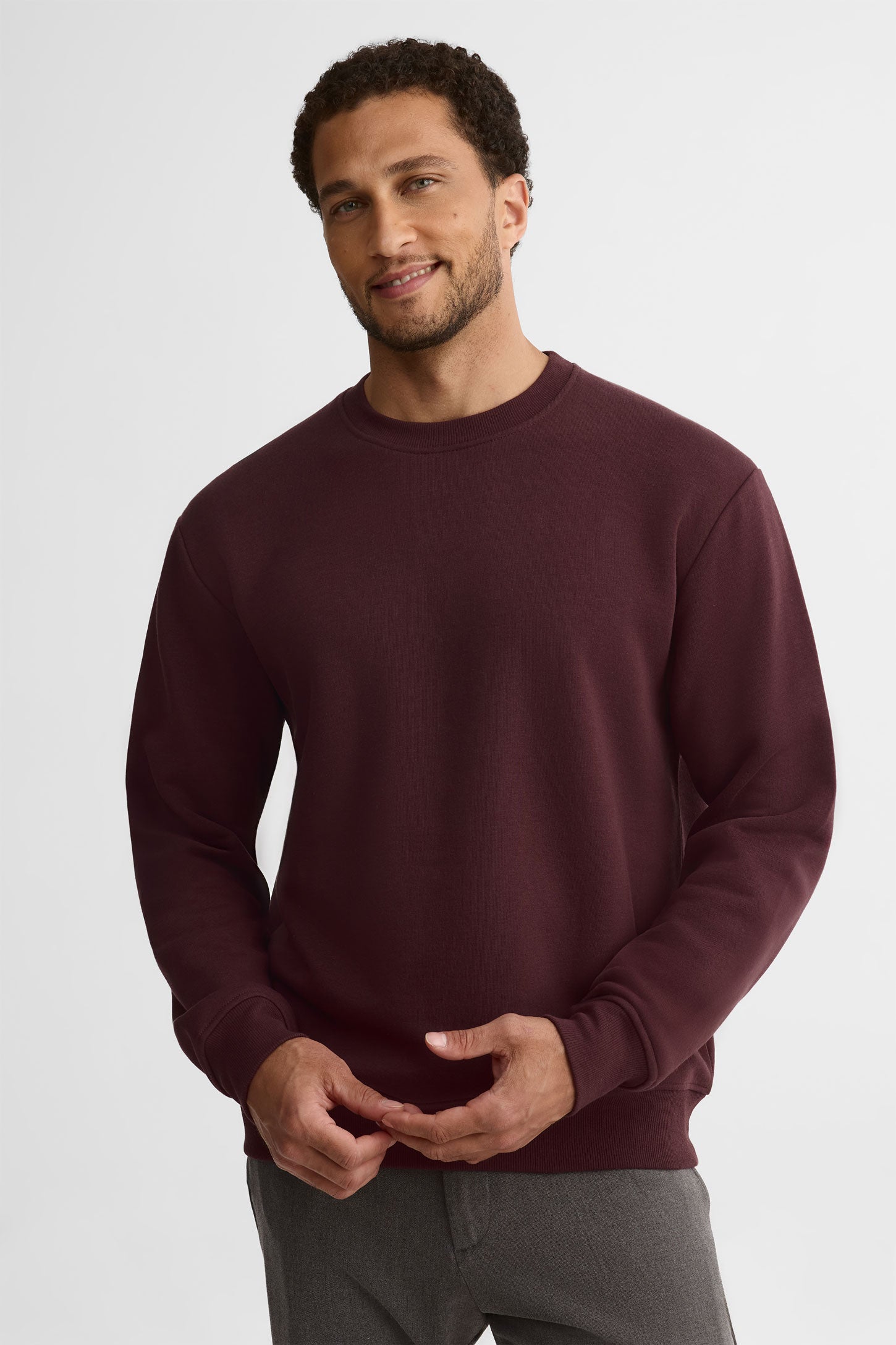 Chandail col rond coton ouaté - Homme && BRUN