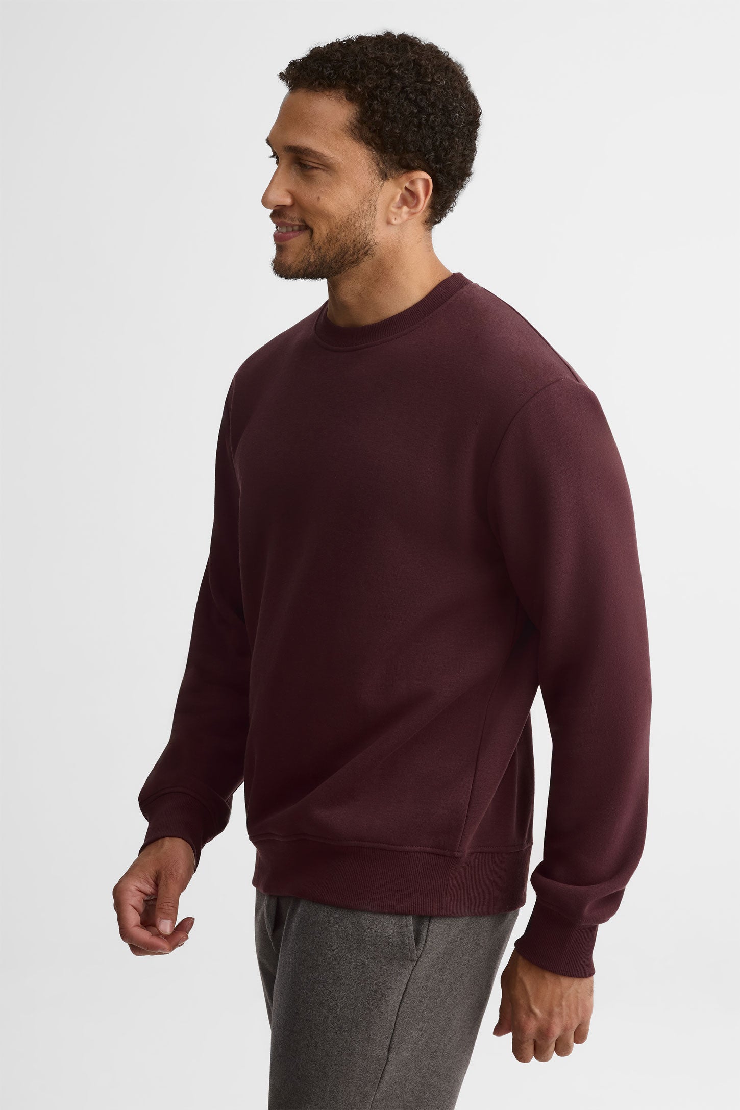 Chandail col rond coton ouaté - Homme && BRUN