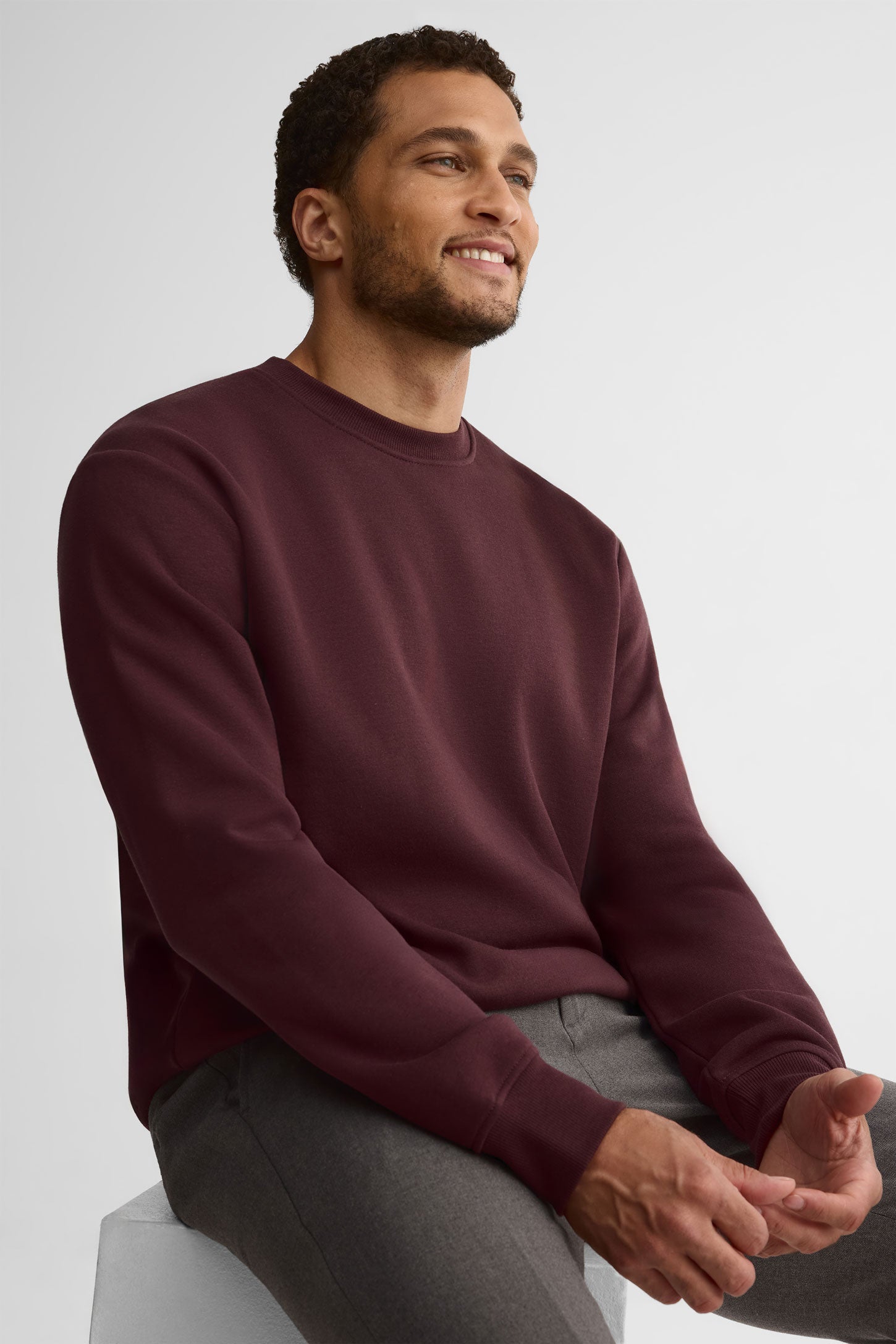 Chandail col rond coton ouaté - Homme && BRUN